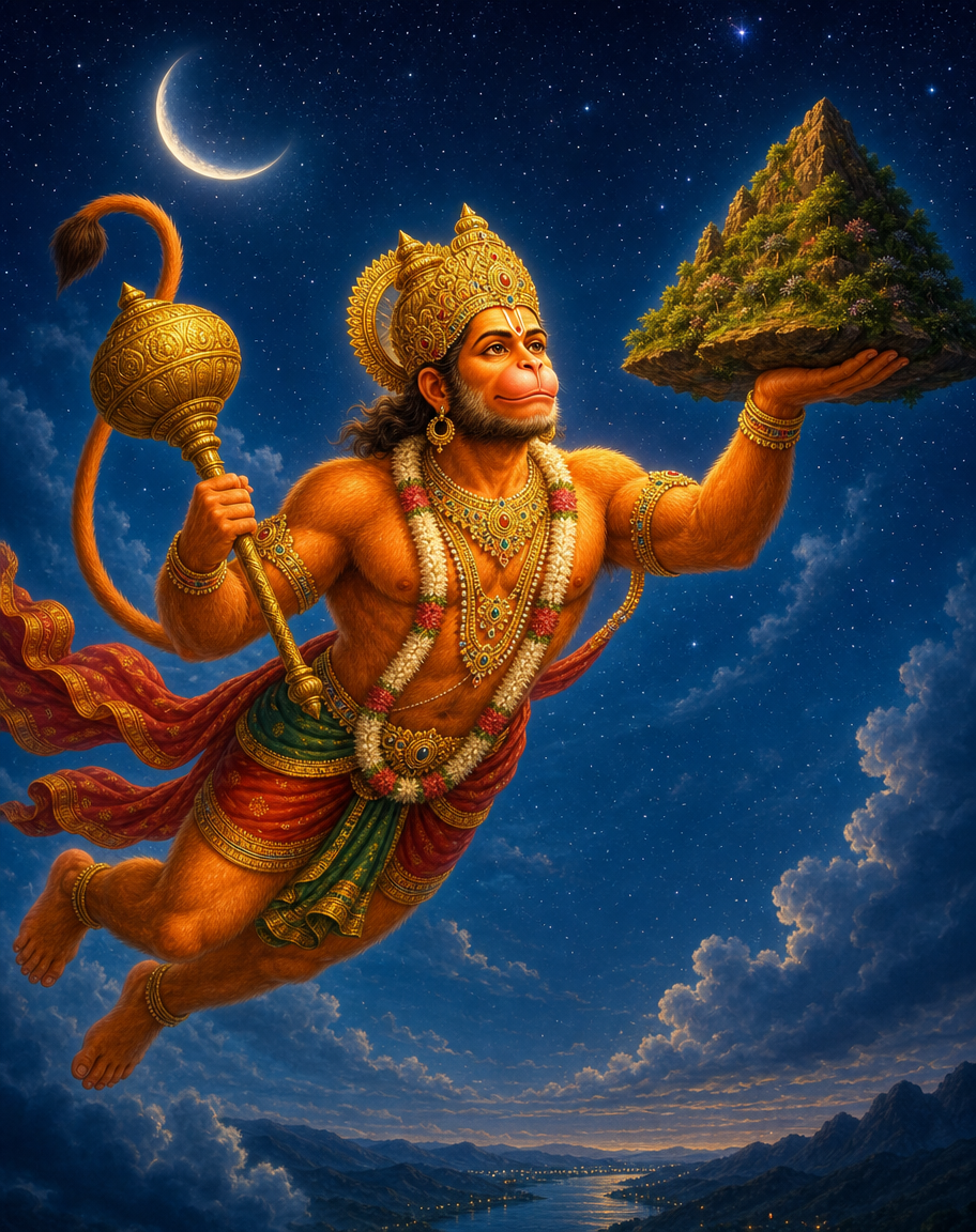 Devotional art of hanuman carrying sanjeevani, hanuman flying through the night sky carrying the sanjeevani mountain on one palm, a mace in the other hand, a crescent moon and stars, his orange body glowing.