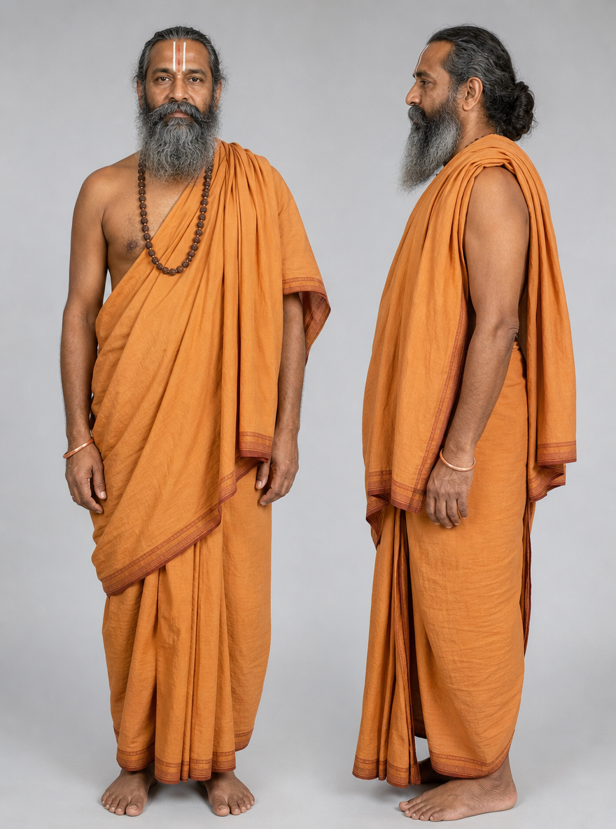 Photorealistic character reference sheet of Pandit Raghav Shastri, an Indian man in a saffron cotton dhoti and angavastram, front view and profile.