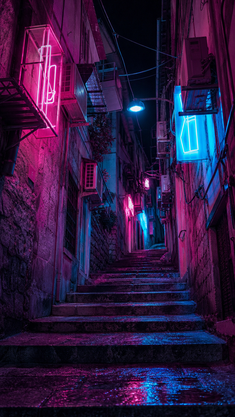 Vertical view up a narrow stepped alley at night lit by pink and cyan neon reflected on wet stone stairs.