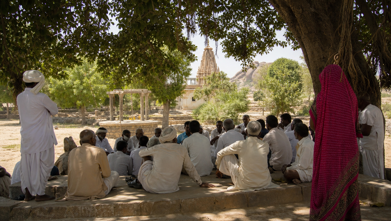 Villagers seated in a circle on a platform under a large banyan seen from behind, a few standing, dappled light, a well and a temple spire in the background.
