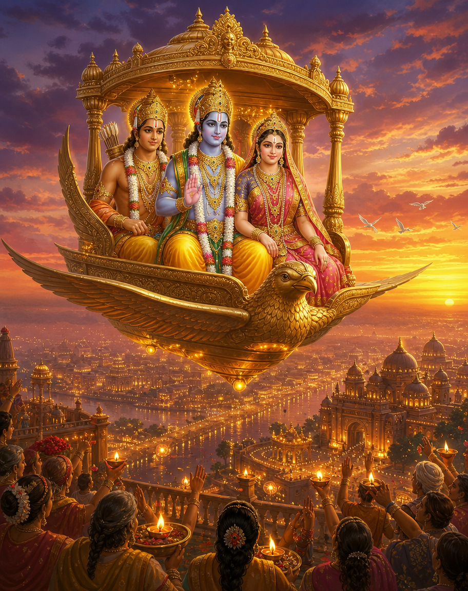 Devotional art of rama returns to ayodhya on diwali, rama, sita and lakshmana returning to ayodhya on the pushpaka vimana at dusk, the city lit with thousands of diyas below, citizens welcoming with lamps, a warm festive glow.