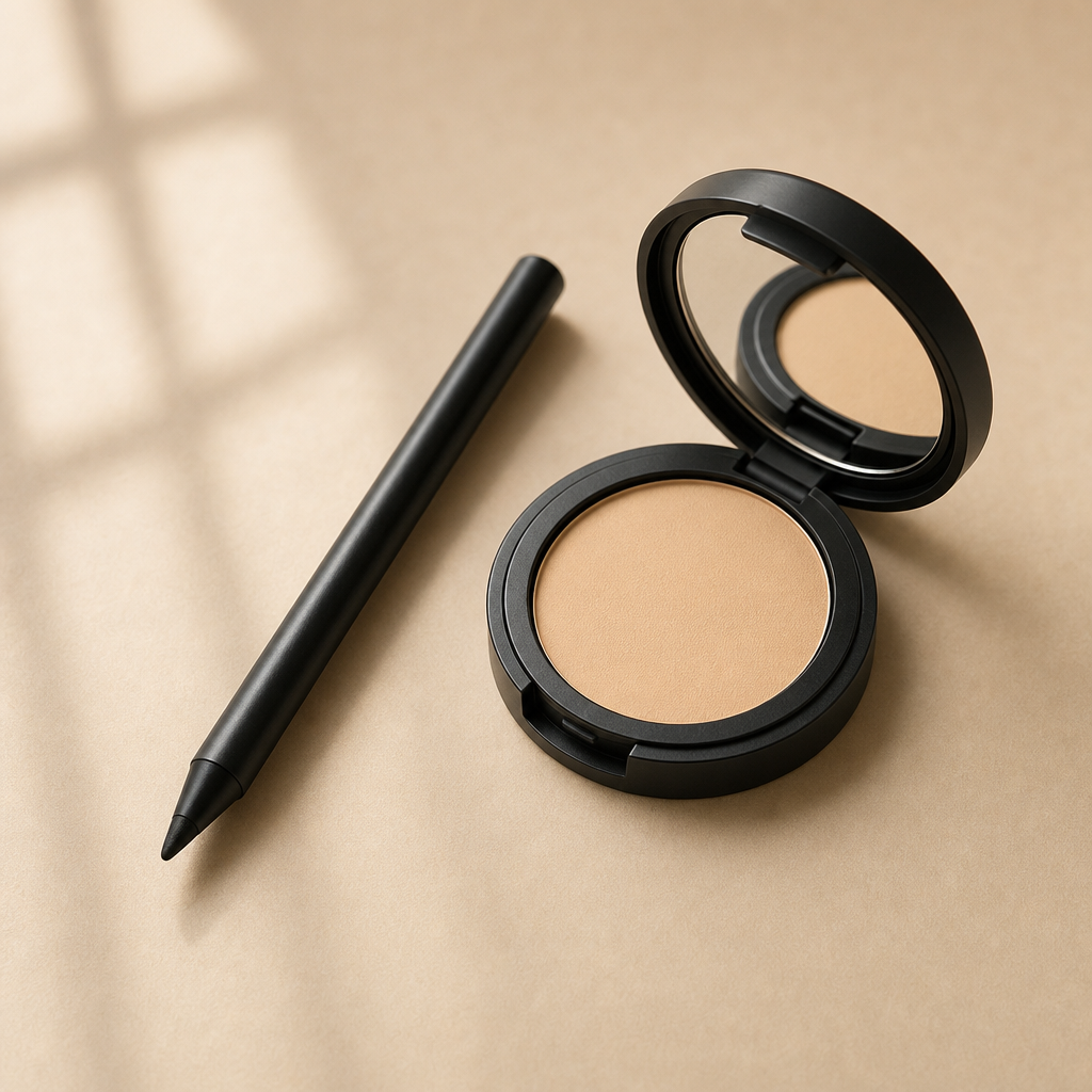 Black kajal pencil laid beside an open round compact powder case on a warm beige surface.