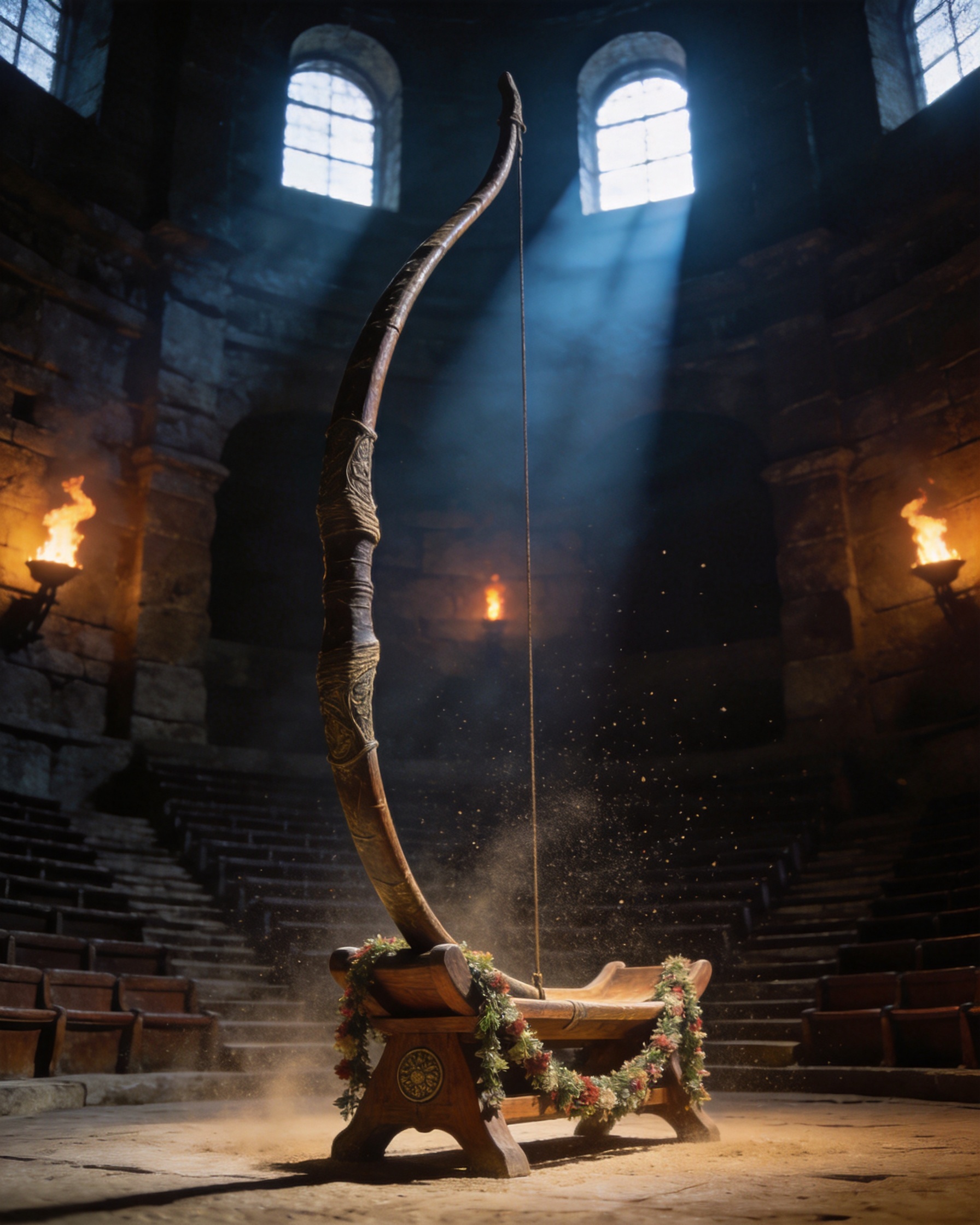 Enormous ancient bow resting on a garlanded cradle in a torch-lit stone hall with empty tiered seating.