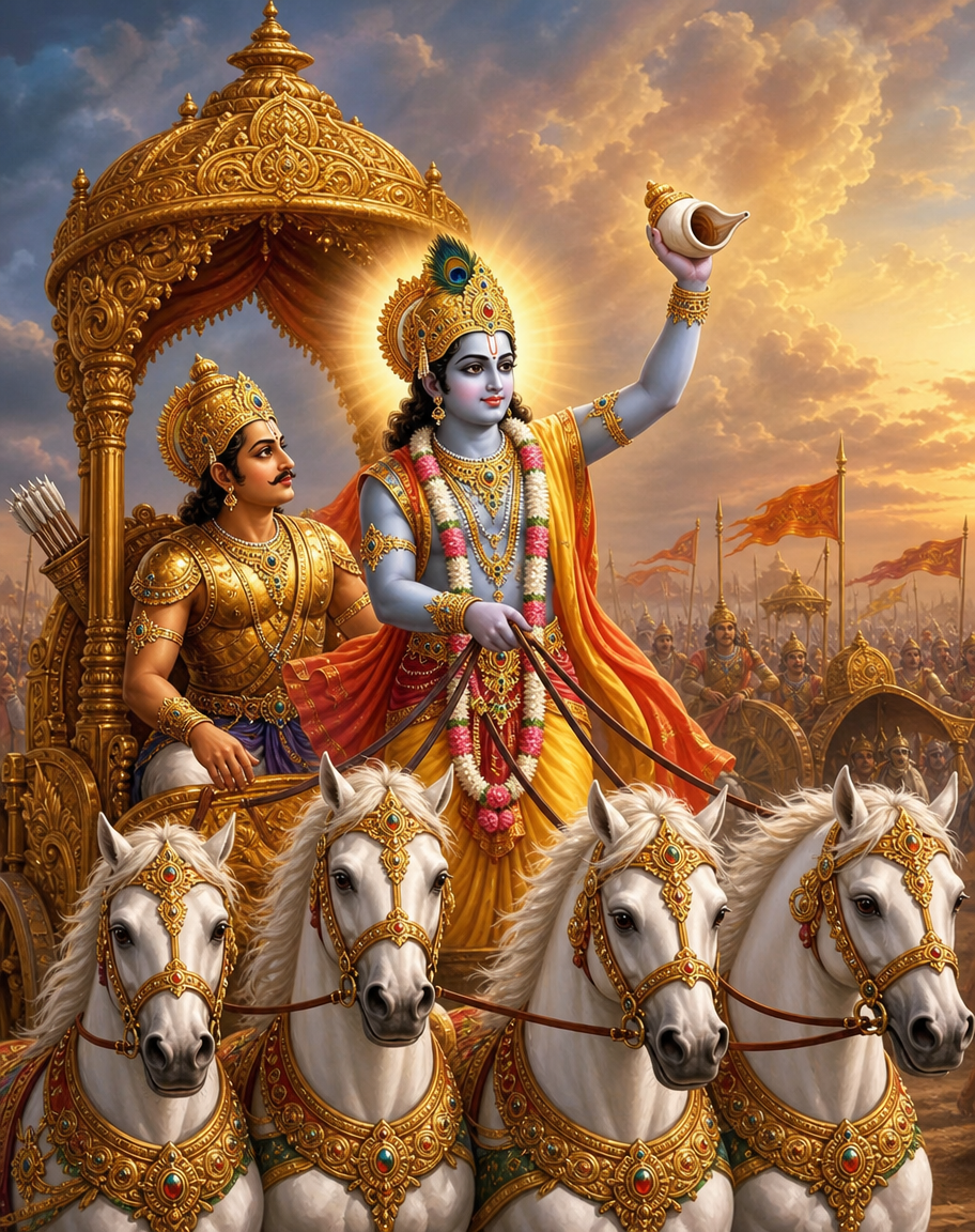 Devotional art of krishna avatar of vishnu, krishna, the avatar of vishnu, as parthasarathi driving arjuna's chariot at kurukshetra, the conch raised, the gita being spoken, white horses and battle banners.