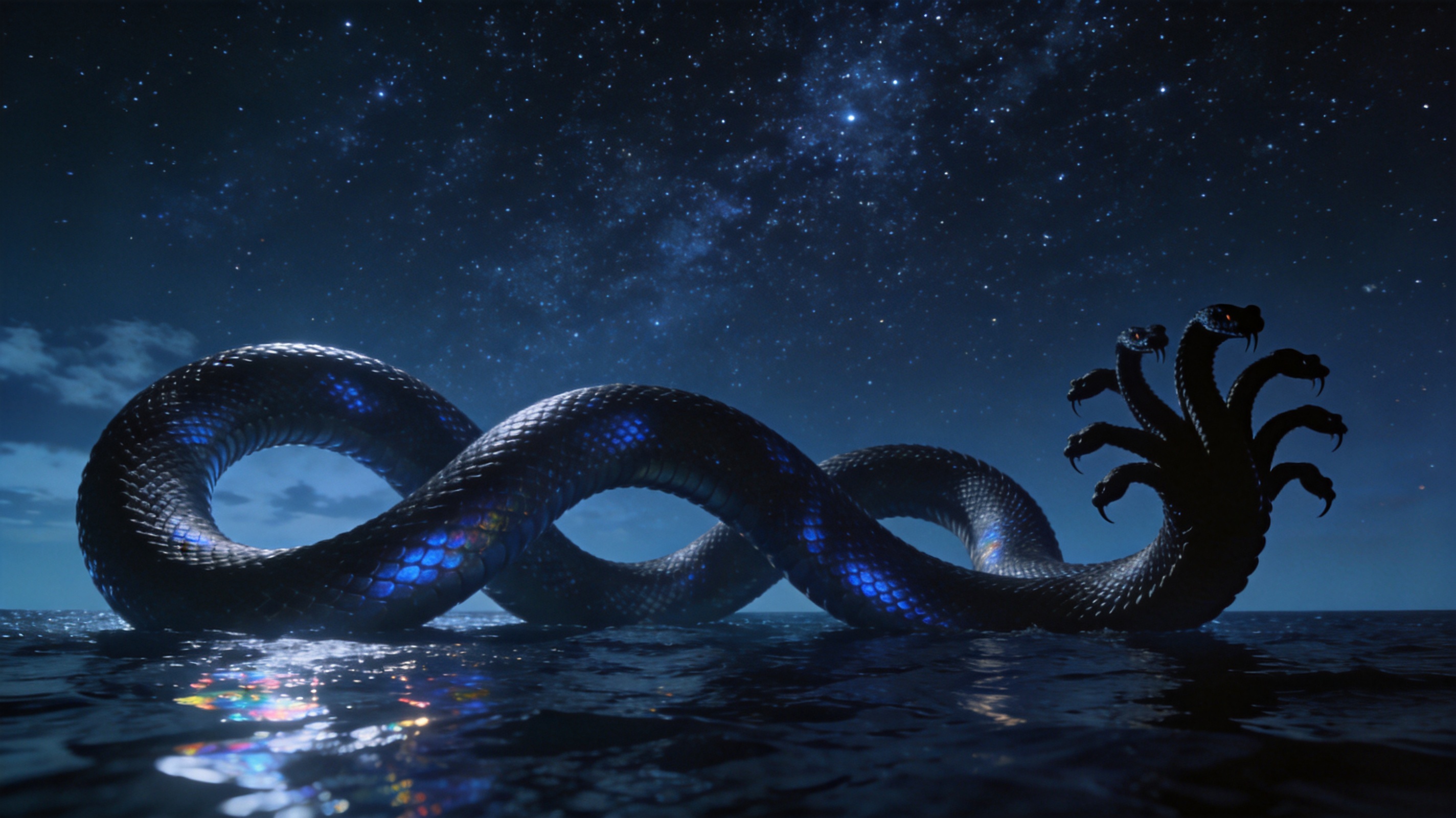 Enormous serpent coil lying across a dark still ocean under a dense starfield with a hooded silhouette at right.