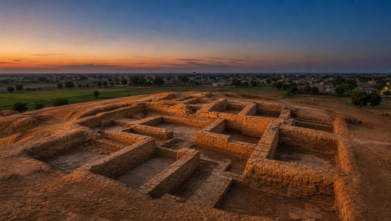 Rakhigarhi excavation mound at dusk with straight mud-brick walls exposed in the trenches.