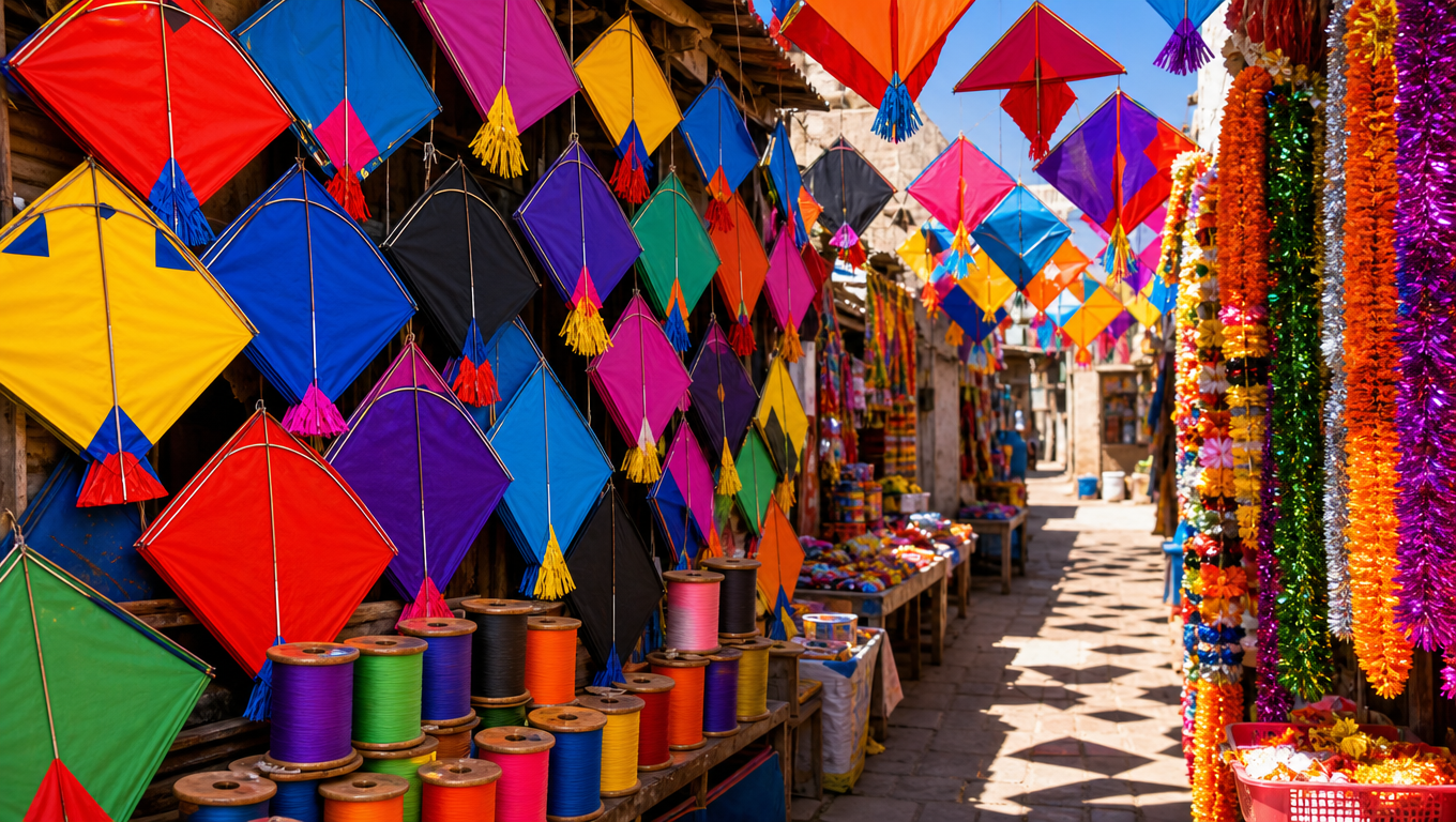 Colourful paper kites pinned across a festival market stall beside marigold and tinsel garlands in afternoon sun.