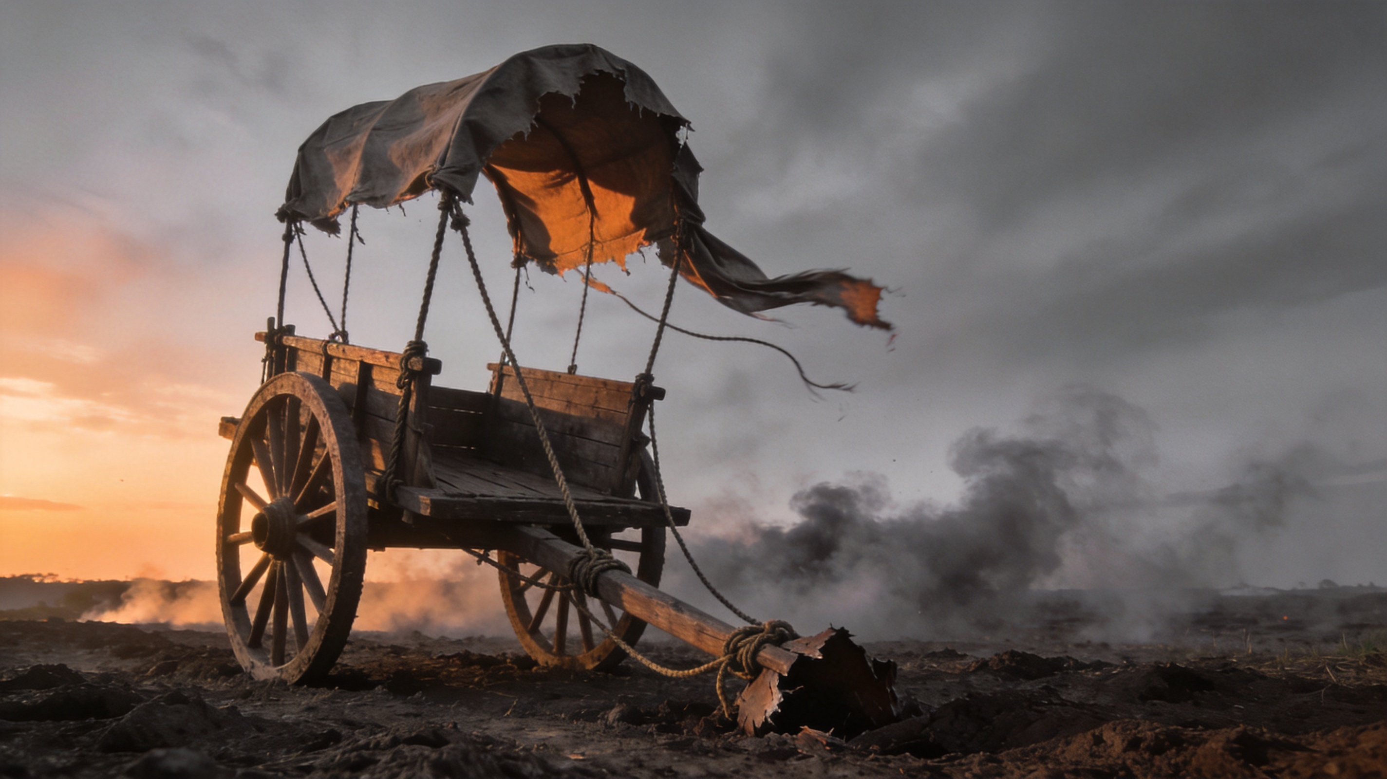 Abandoned wooden war chariot with a broken wheel standing on churned earth at dusk with low drifting smoke.