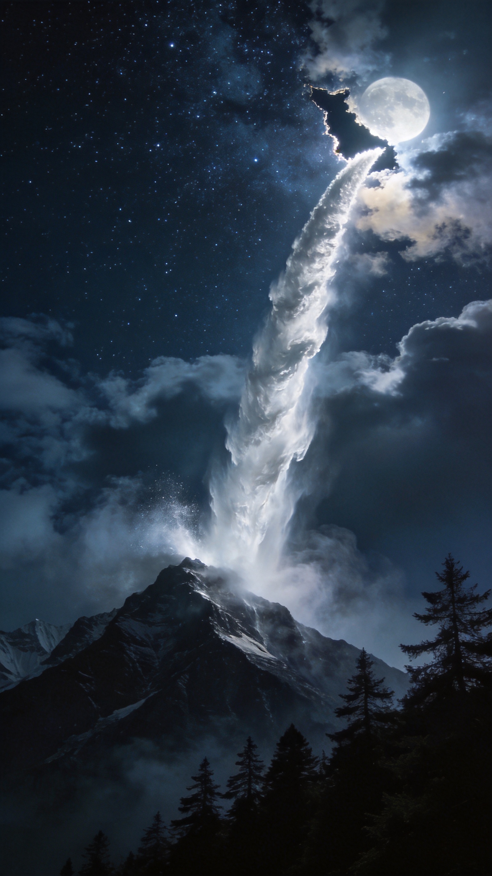 Colossal column of white water falling from a break in a starlit sky onto a dark ridge in heavy spray.