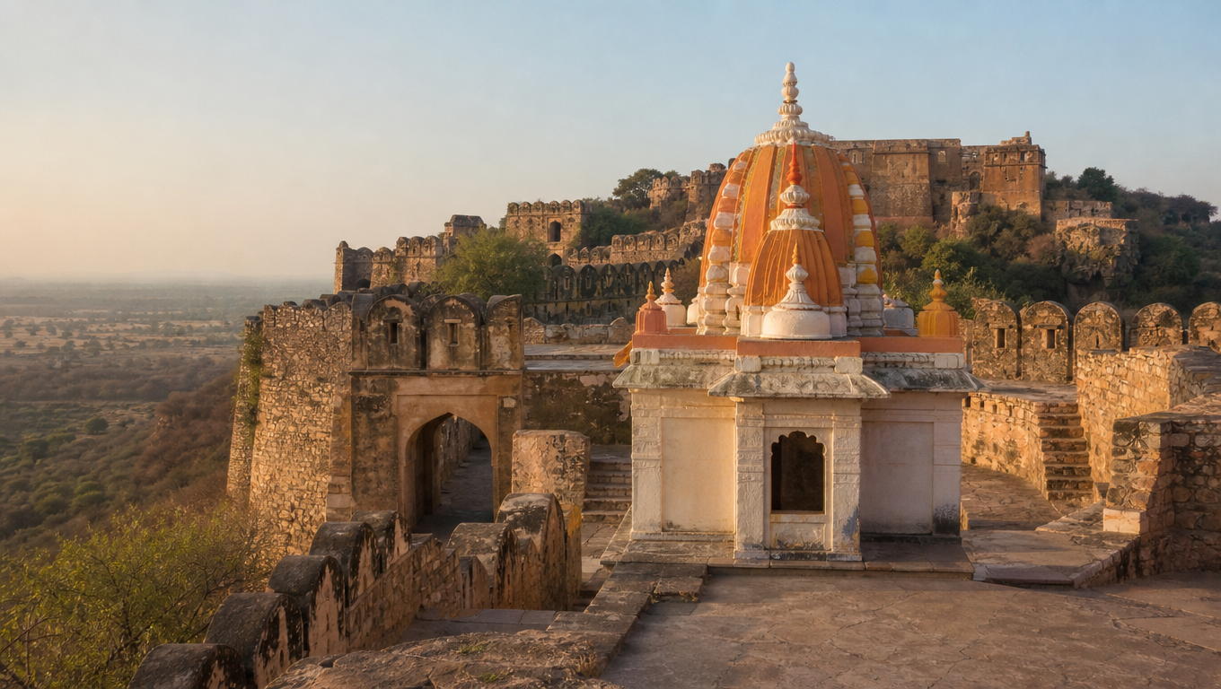Trinetra Ganesh Temple inside Ranthambore Fort, a small saffron-and-white shrine among weathered sandstone ramparts.