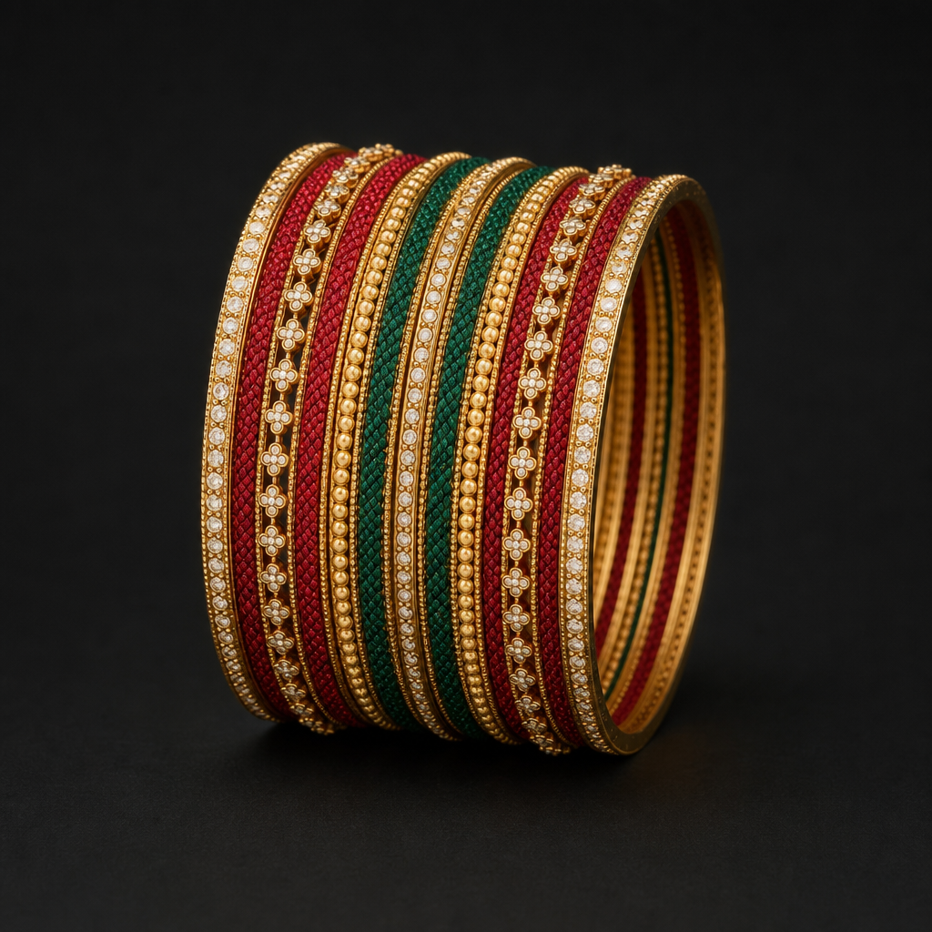 Stack of eight gold, red and green stone-work bangles standing on edge on a matte black surface.