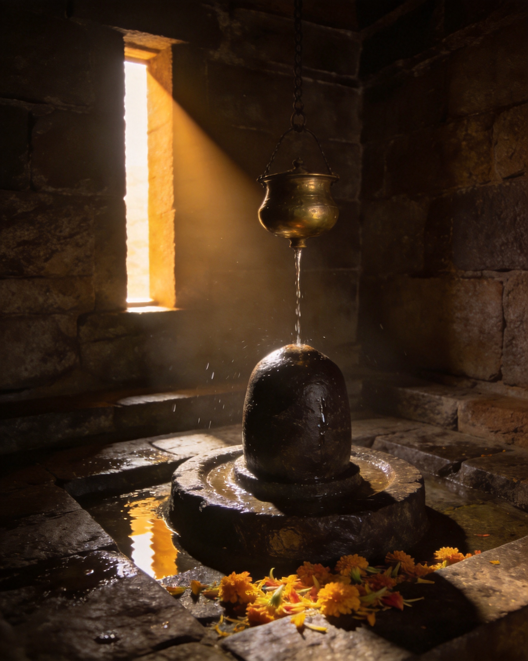 Water falling from a brass vessel onto a stone lingam in a dim sanctum lit by one narrow beam.