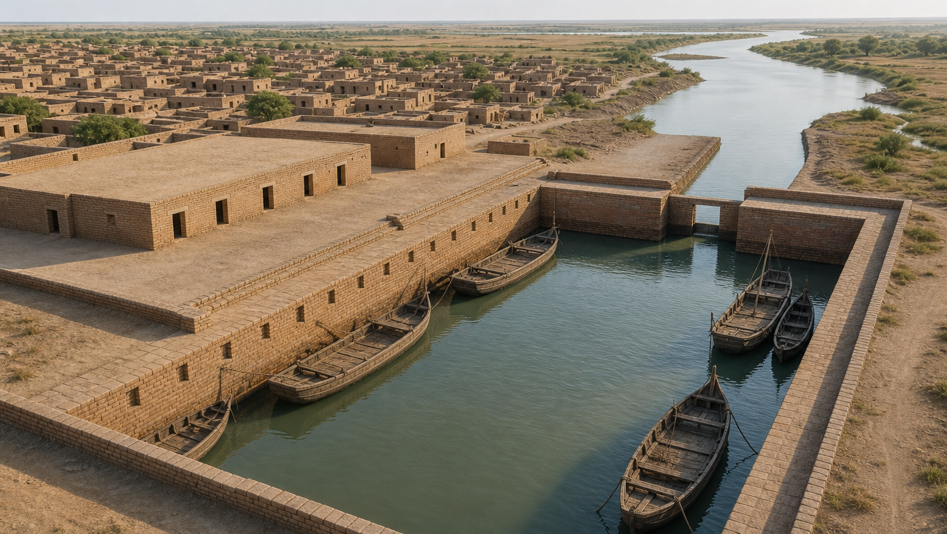 Reconstruction of the Lothal dockyard, a brick-lined basin with wooden boats and a warehouse platform beside it.