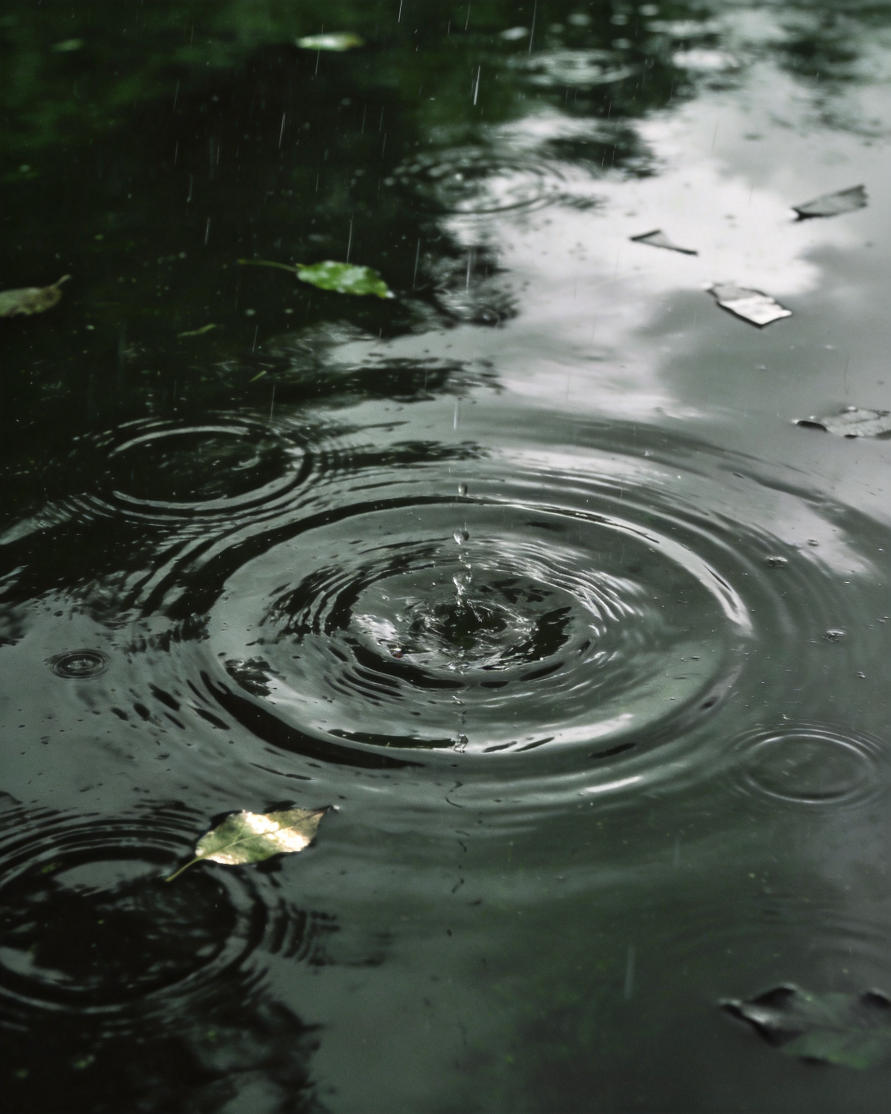 Overhead view of rain falling on dark pond water with overlapping concentric ripple rings.