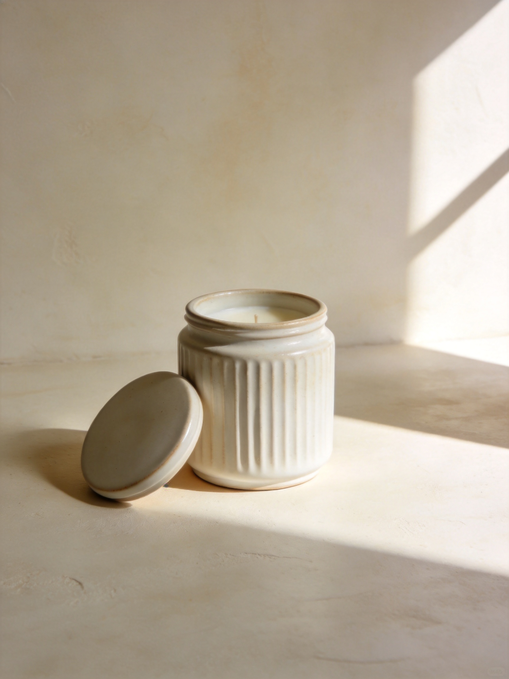 Unbranded ribbed ceramic candle jar with its lid beside it on pale plaster in warm window light.