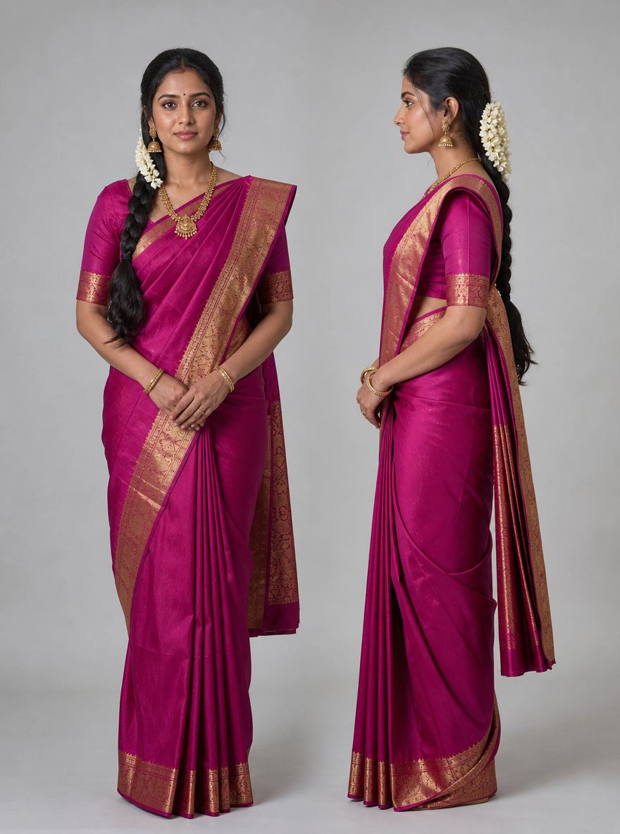 Photorealistic character reference sheet of Priya Nair, an Indian woman in a magenta Kanjivaram silk saree, front view and profile.