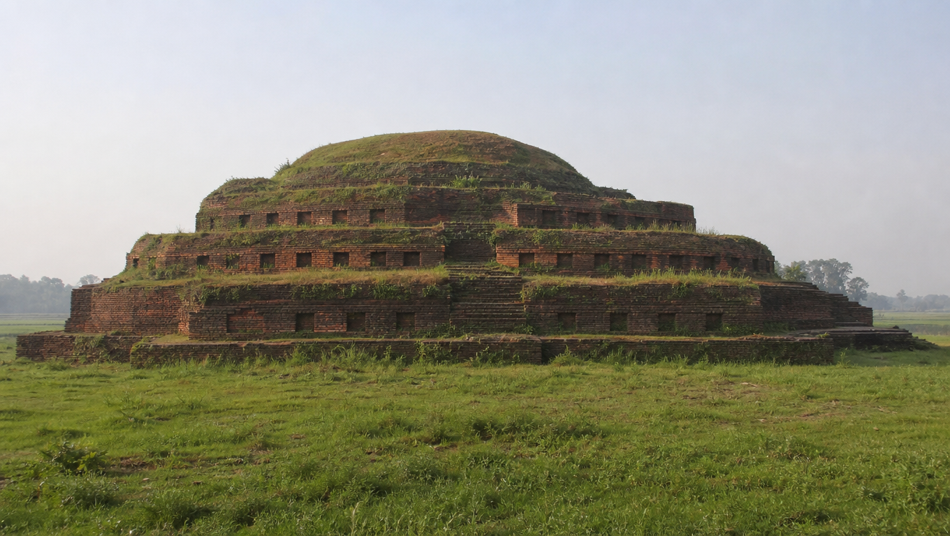 Kesaria Stupa's huge terraced brick mound rising in tiers from flat green fields in morning haze.