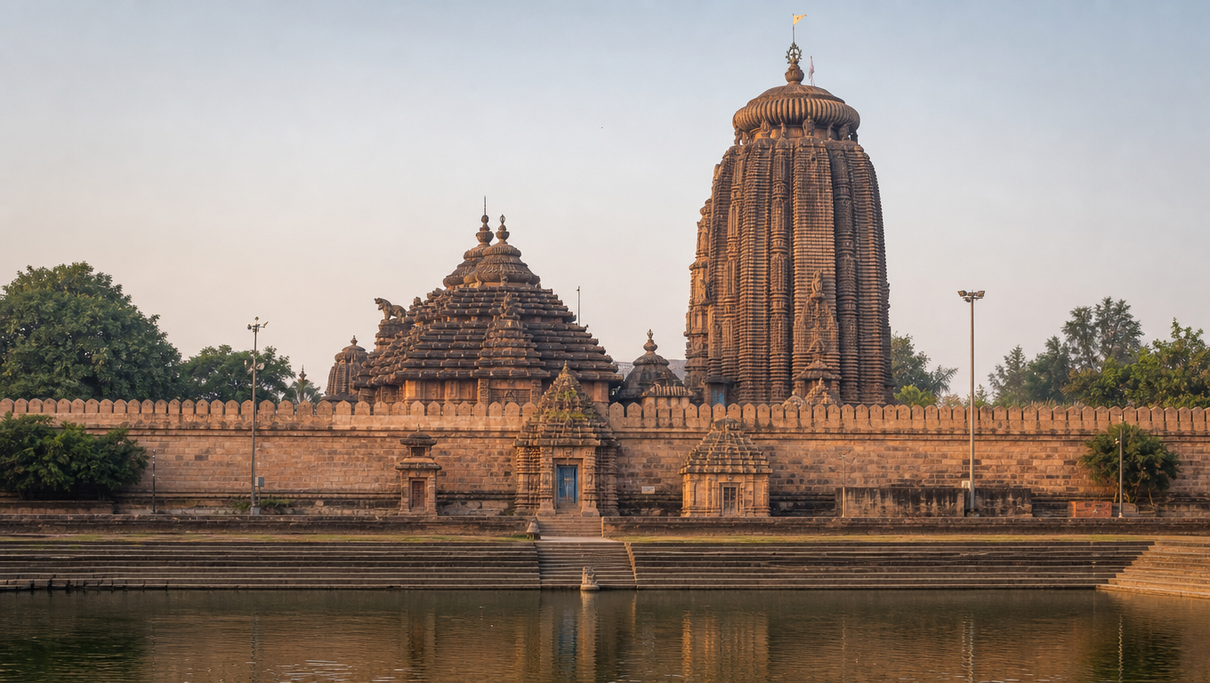 Lingaraj Temple in Bhubaneswar, its tall ribbed Kalinga tower seen across the Bindu Sagar tank.