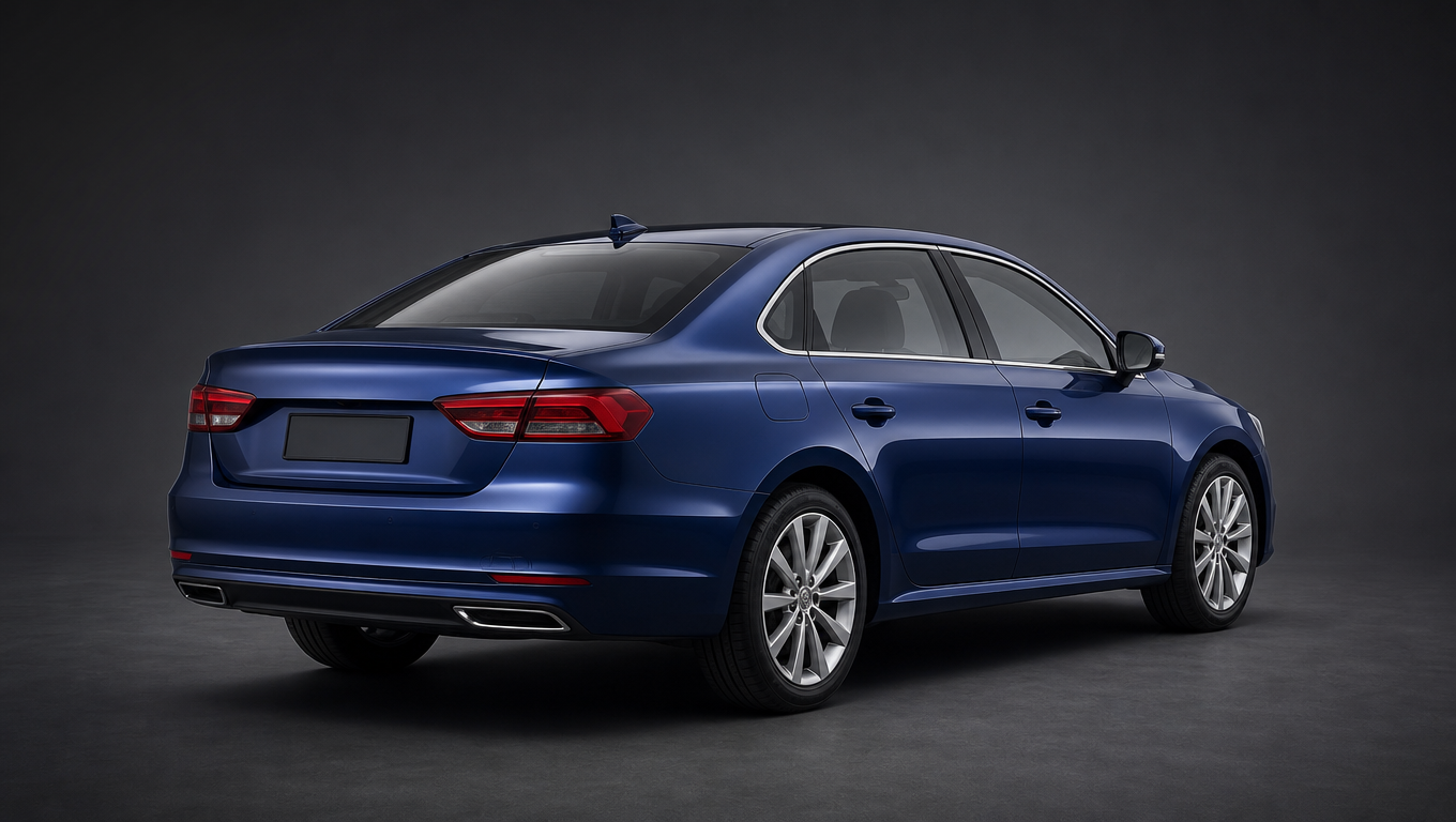 Generic deep metallic blue executive sedan in rear three-quarter view on a charcoal studio floor.