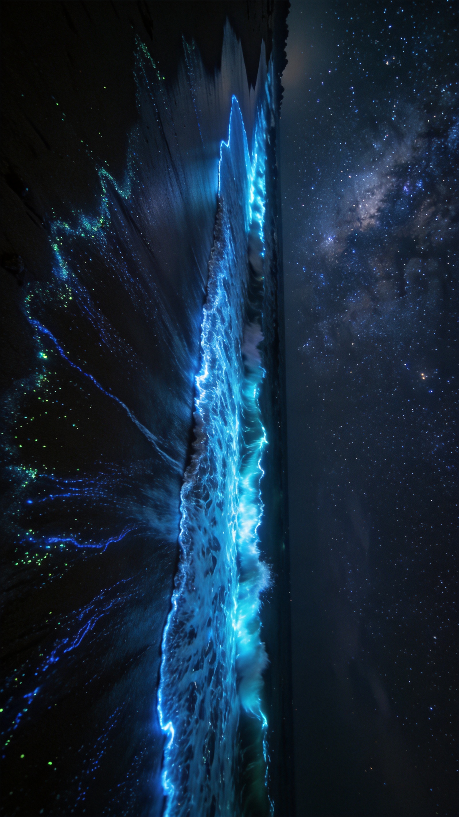 Dark beach at midnight with waves glowing electric cyan from bioluminescent plankton under stars.