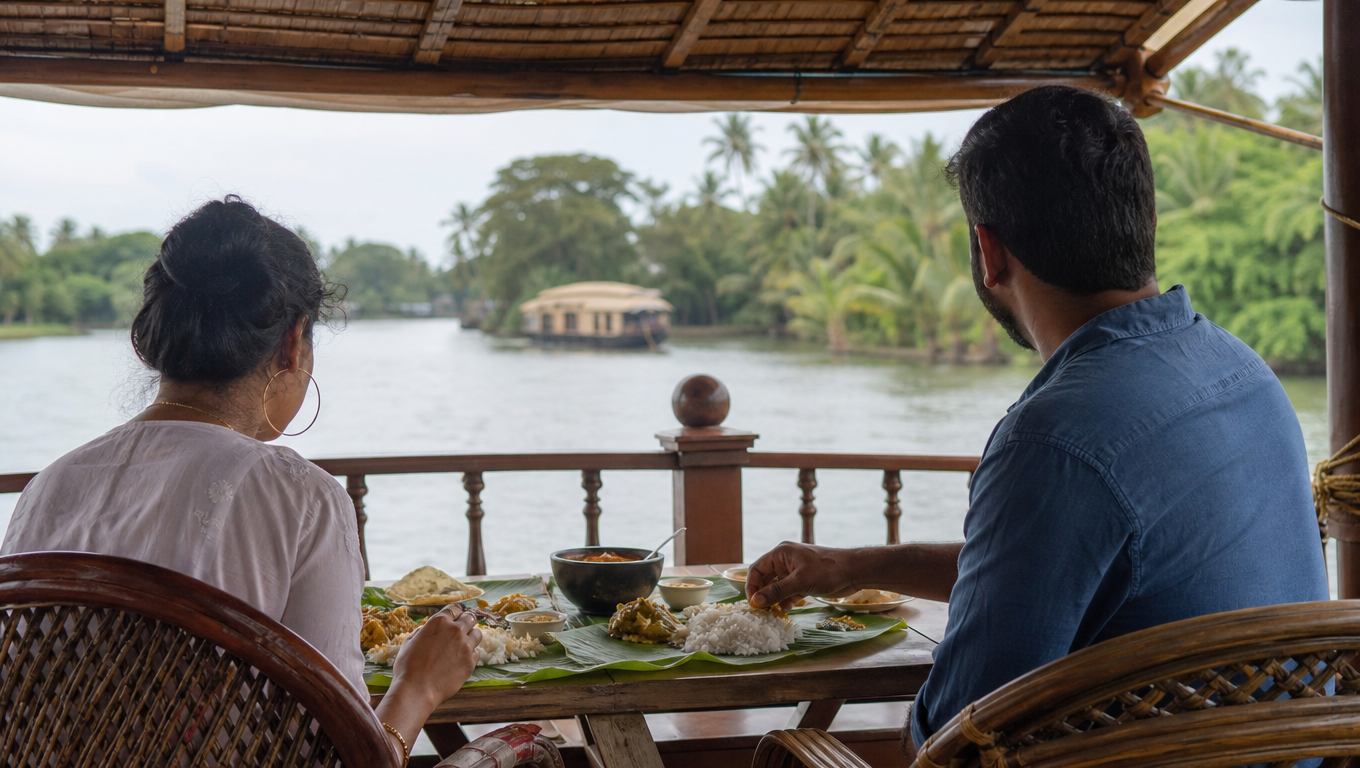 A couple seen from behind on the deck of a Kerala houseboat drifting through palm-lined backwaters, a lunch of banana-leaf meals on the table.