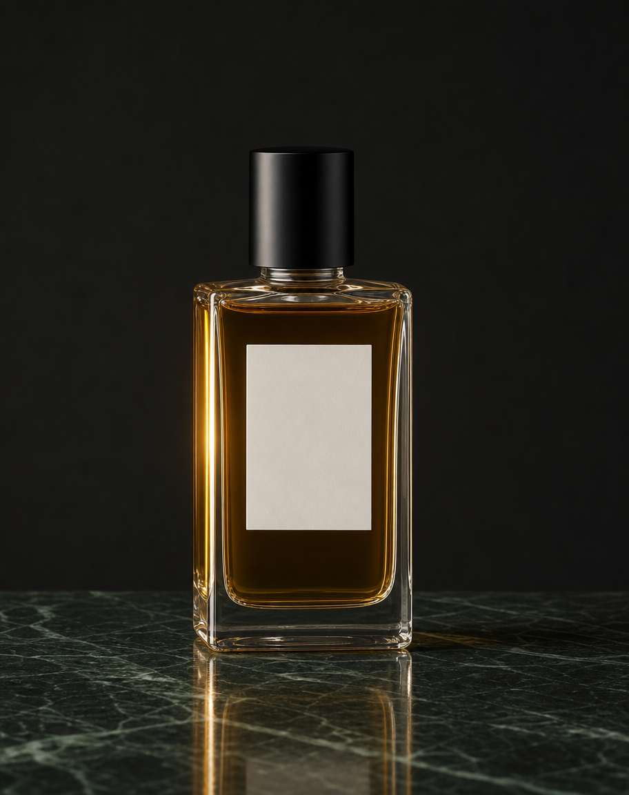 Clear rectangular perfume bottle with amber liquid and a black cap on dark green marble with a single highlight.