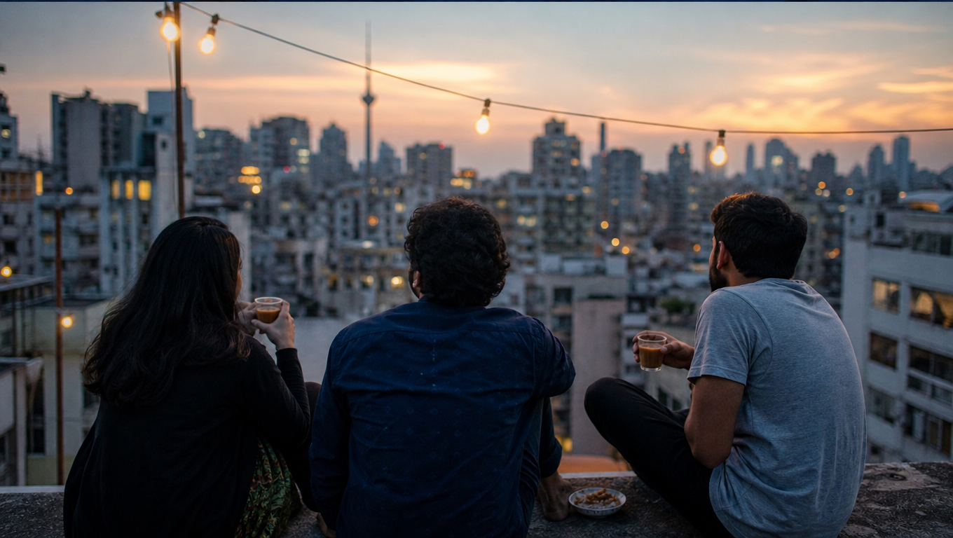 Friends seen from behind sitting on a rooftop ledge at dusk looking over a dense city skyline of terraces and towers, string lights, cups of chai.