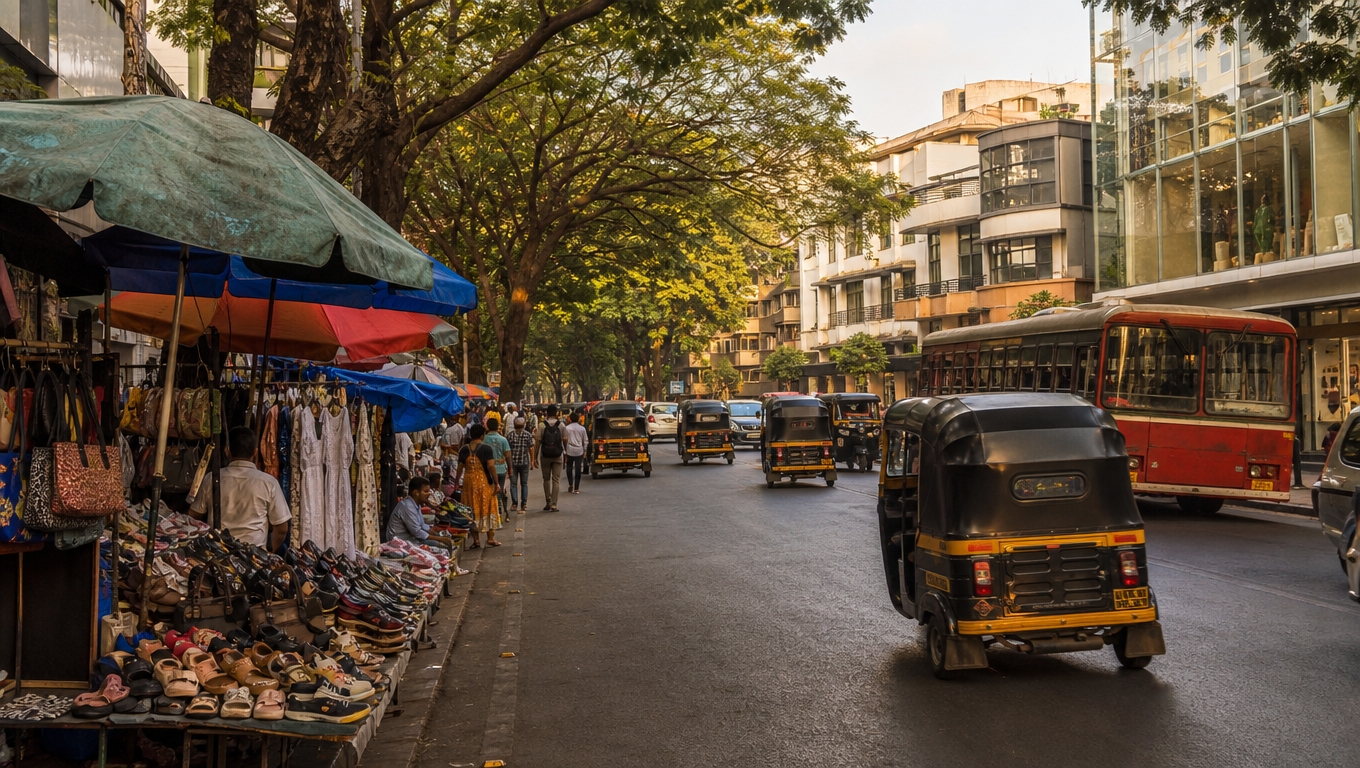 Linking Road in Bandra, Mumbai, with footpath stalls of shoes and bags in front of brand showrooms under rain trees.