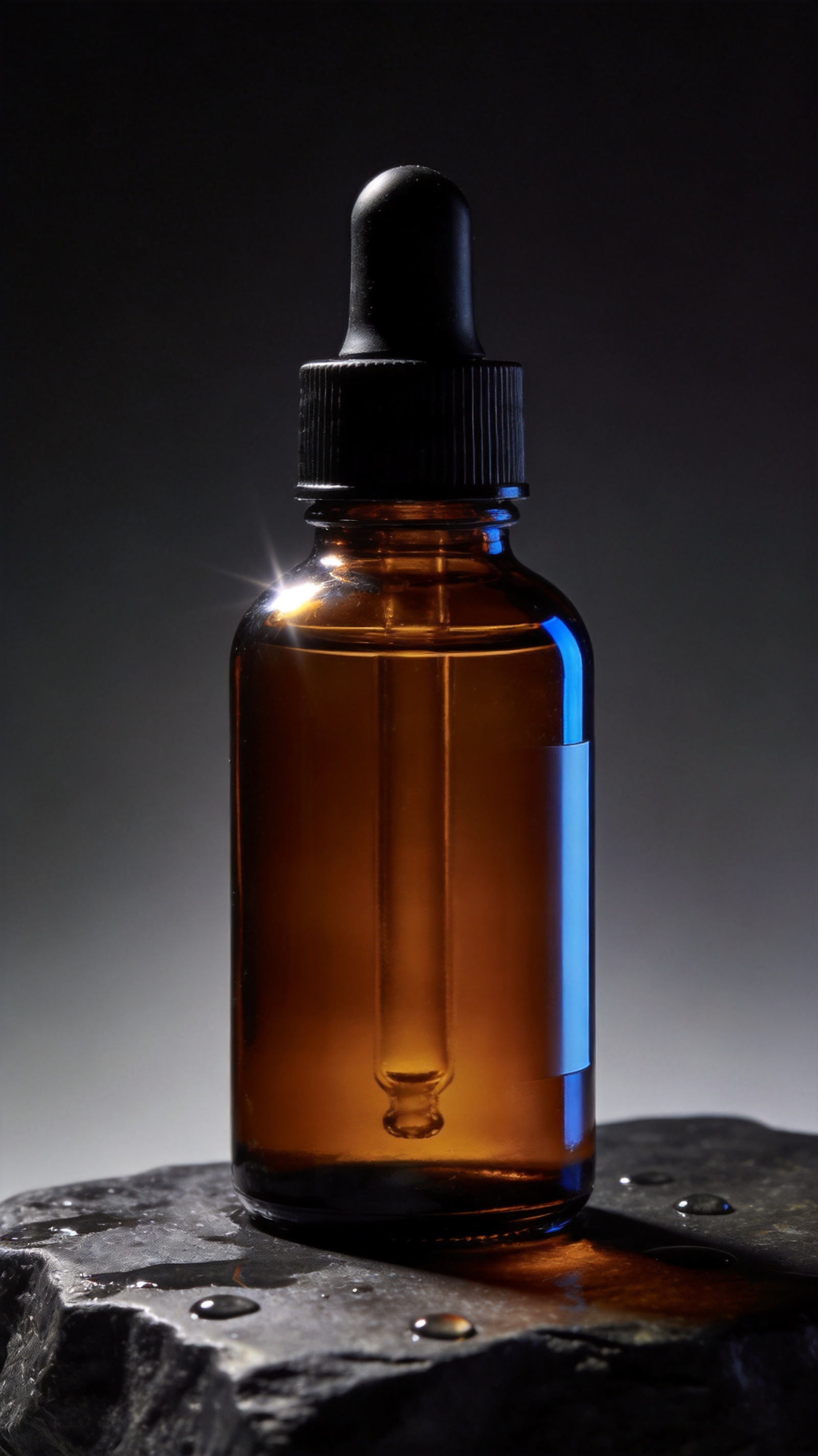 Unbranded amber glass dropper bottle on wet dark stone against a charcoal background with sharp highlights.