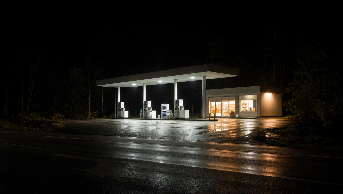 Brightly lit petrol station canopy and empty pumps at night reflected in a wet forecourt.
