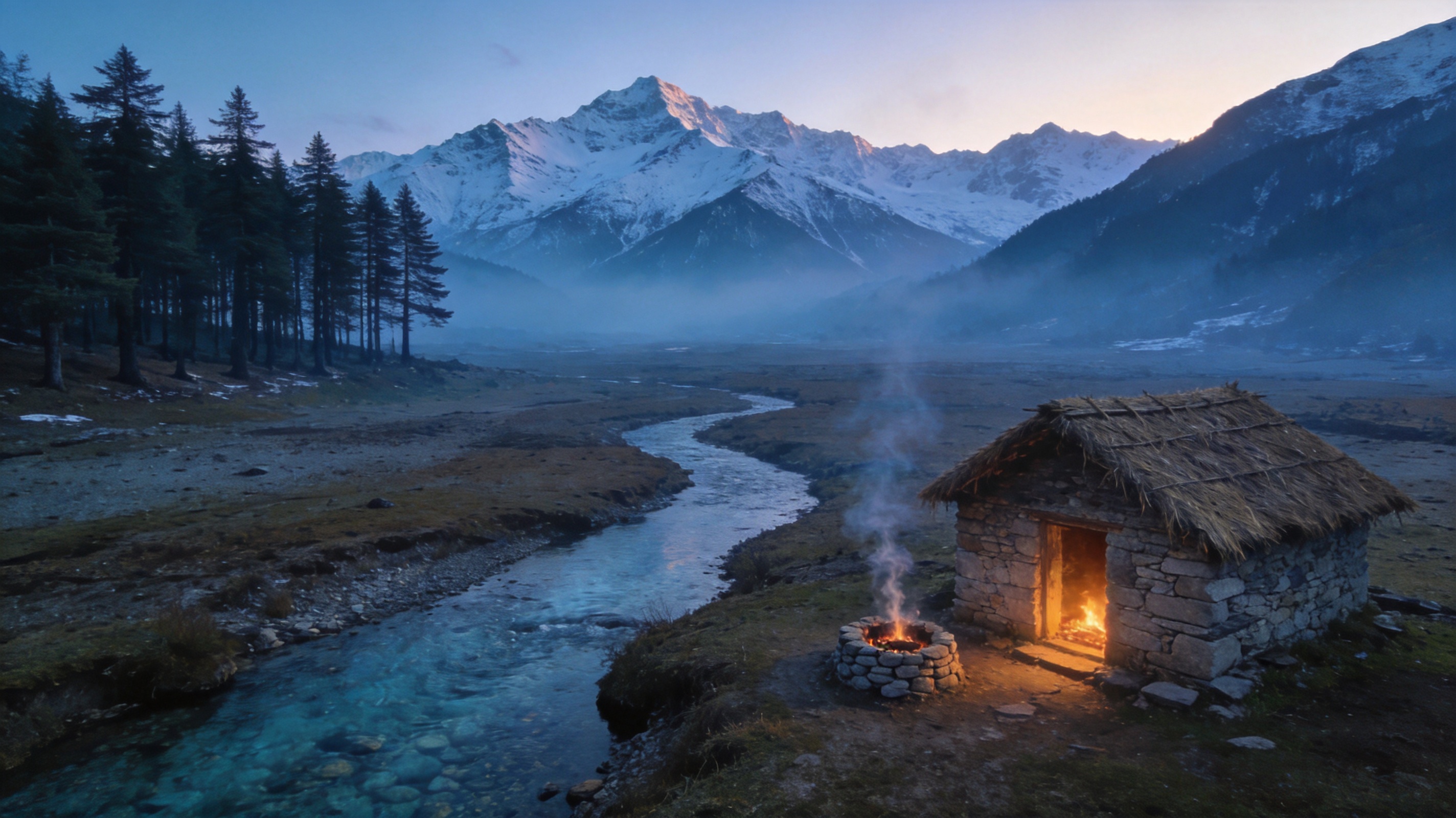 Small stone hermitage beside a stream in a Himalayan clearing at dawn with snow ridges rising behind.