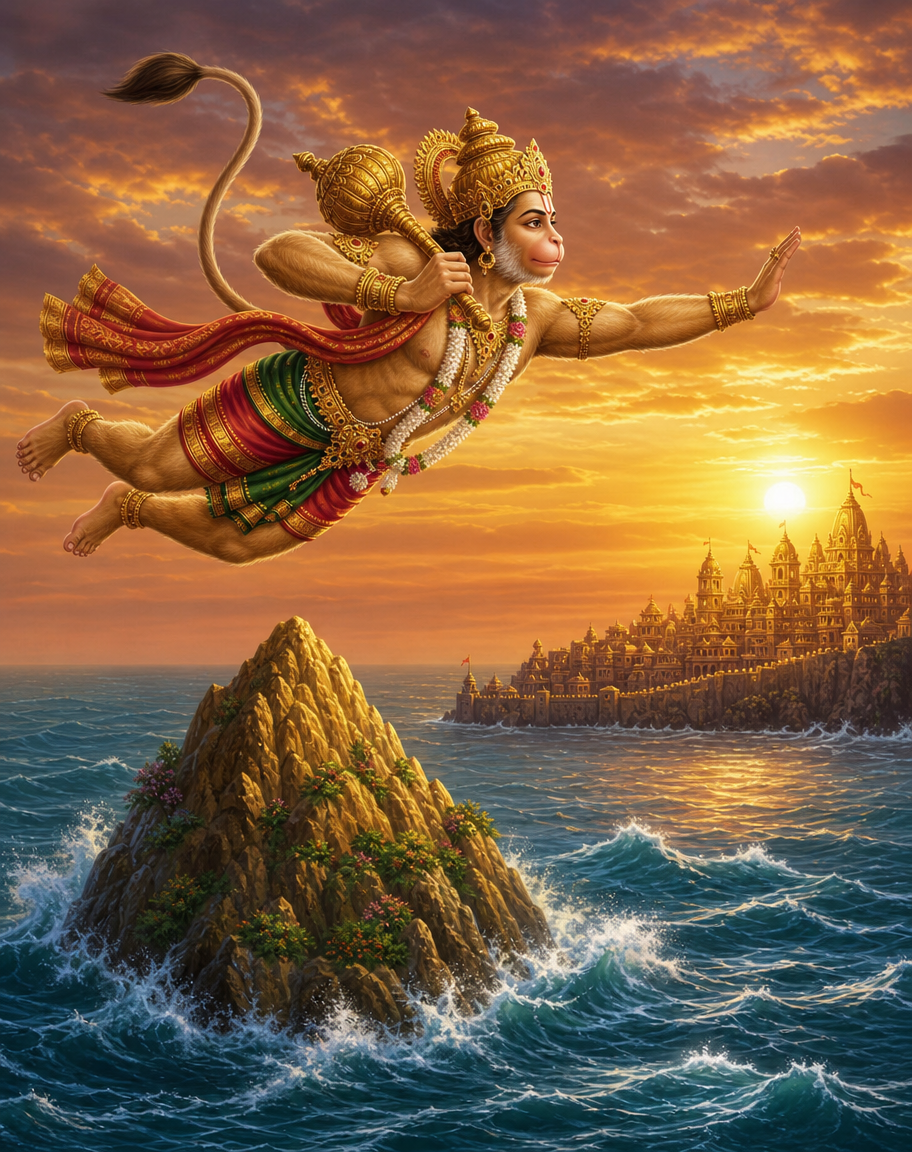 Devotional art of hanuman leaping the ocean, hanuman mid-leap across the ocean toward lanka, his body stretched in flight, the sea below with the mainaka mountain rising, a golden lanka on the horizon, sunset sky.