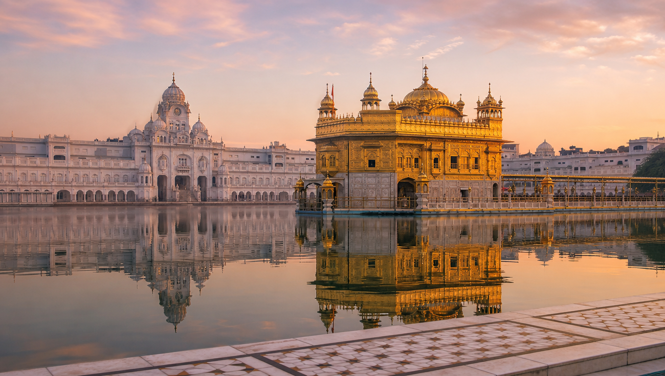 The Golden Temple in Amritsar at dawn, the gilded sanctum and its reflection in the still Amrit Sarovar.