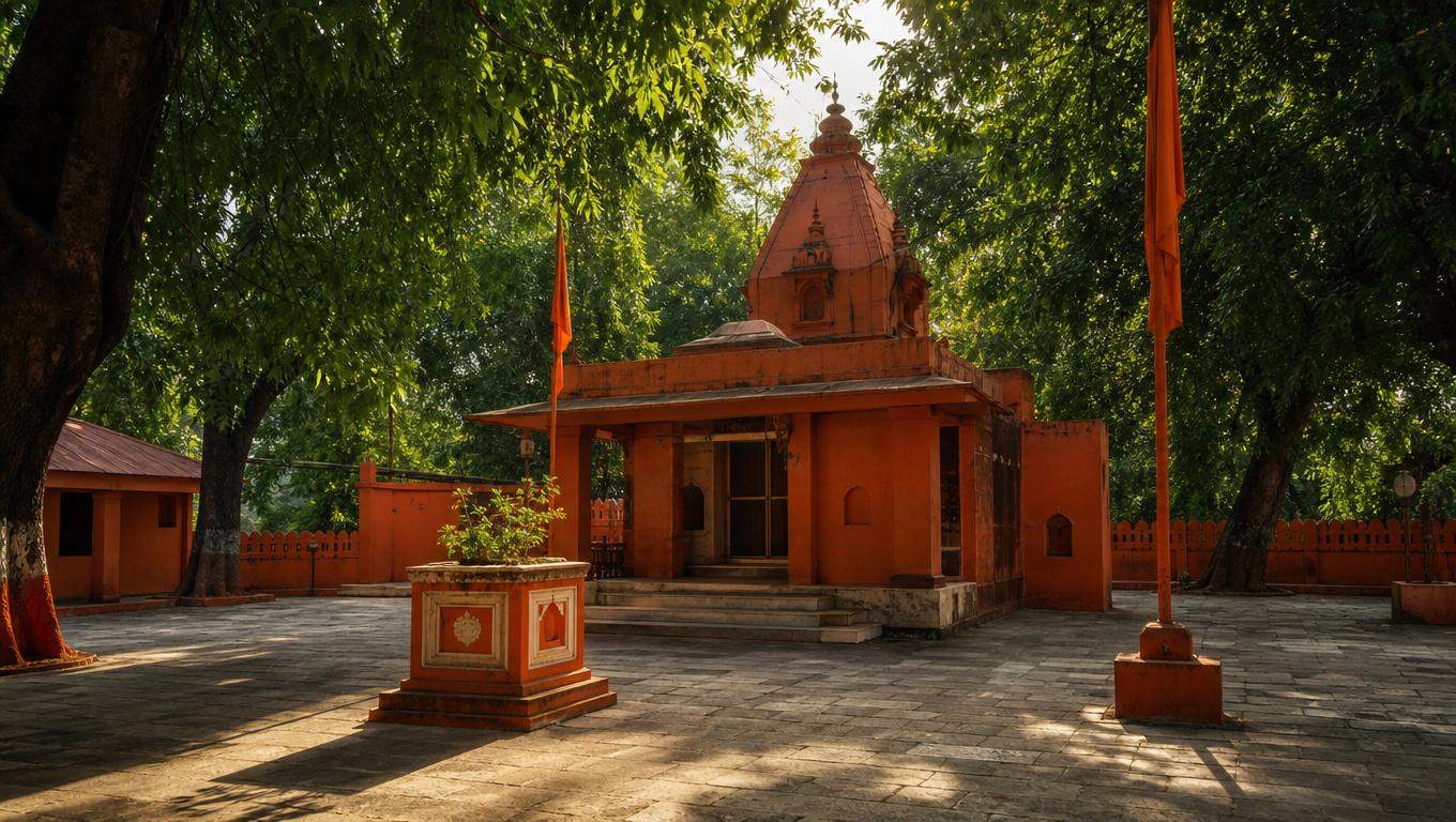 Sankat Mochan Hanuman Temple in Varanasi, saffron walls and a small shikhara under old trees in a walled grove.