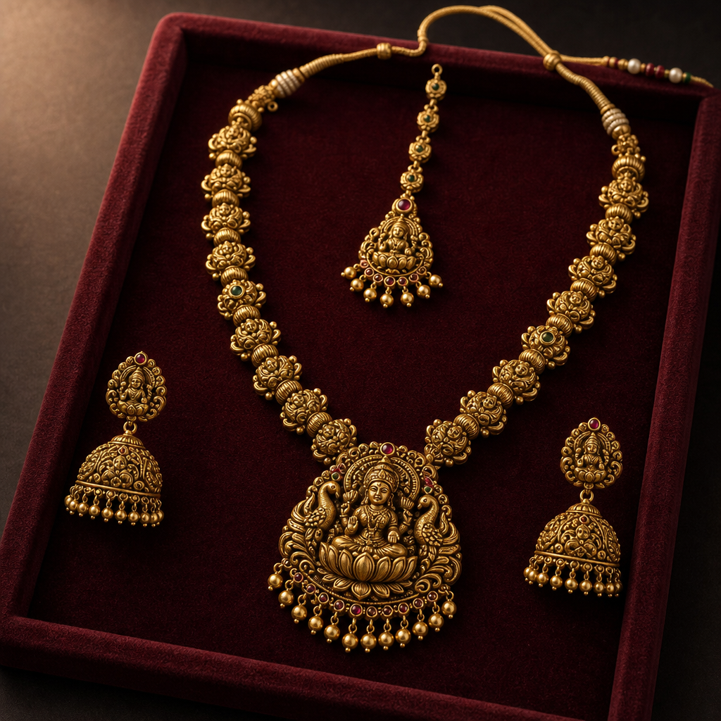 South Indian temple jewellery set in antique gold, necklace, jhumkas and maang tikka, on a red velvet tray.