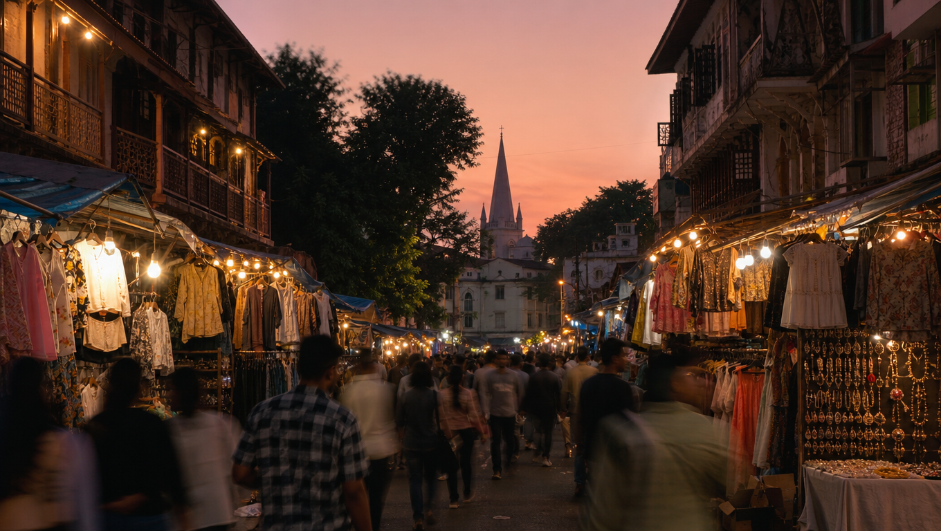 Hill Road in Bandra, Mumbai, at dusk with stalls of kurtis and jewellery under bulb strings and old balconied buildings.