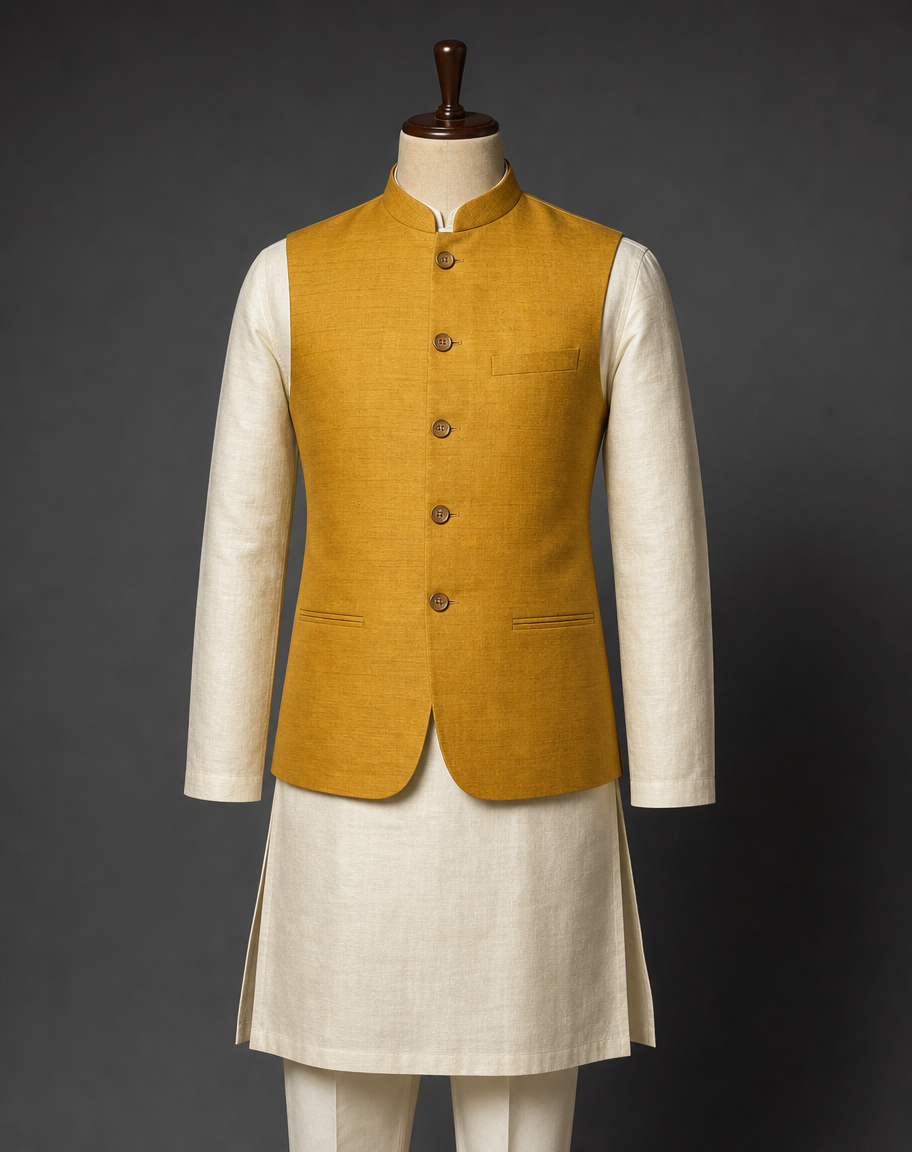 Off-white men's kurta with a mustard Nehru jacket on a headless dress form against a charcoal backdrop.