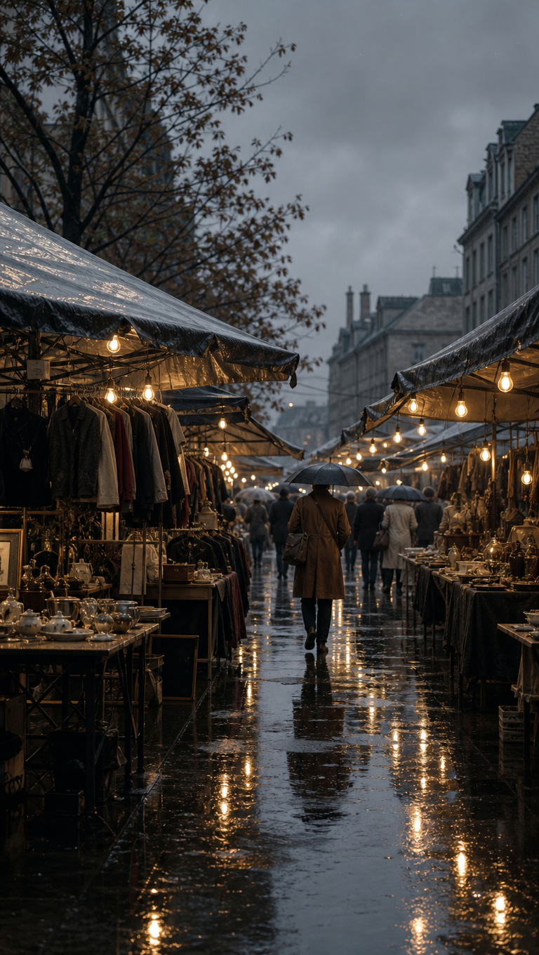 Vertical view of a weekend street market in drizzle with wet stall roofs and warm bulb strings reflected in puddles.