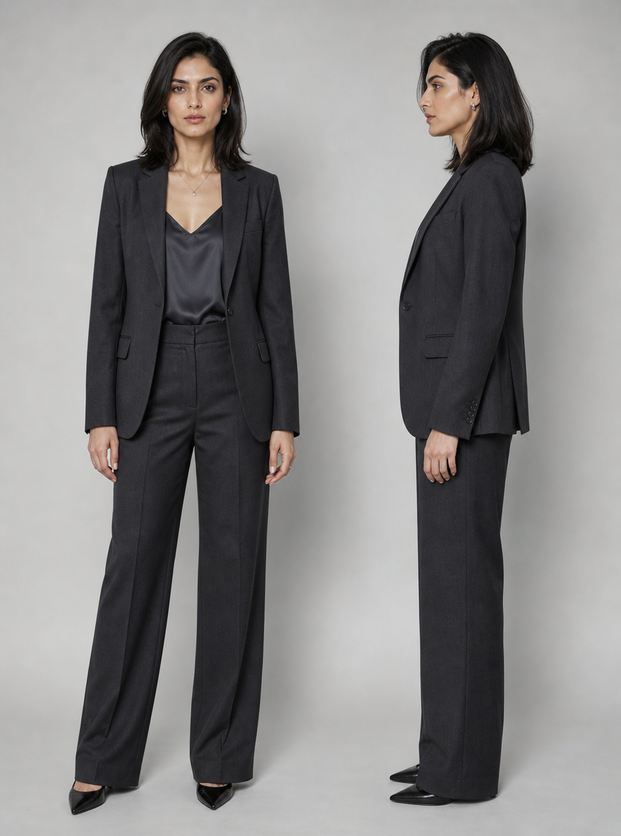 Photorealistic character reference sheet of Zara Sheikh, an Indian woman in a charcoal pantsuit, front view and profile.