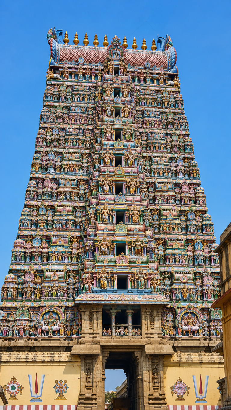 Vertical view of a colourful sculpted gopuram of the Meenakshi Amman Temple in Madurai against a blue sky.