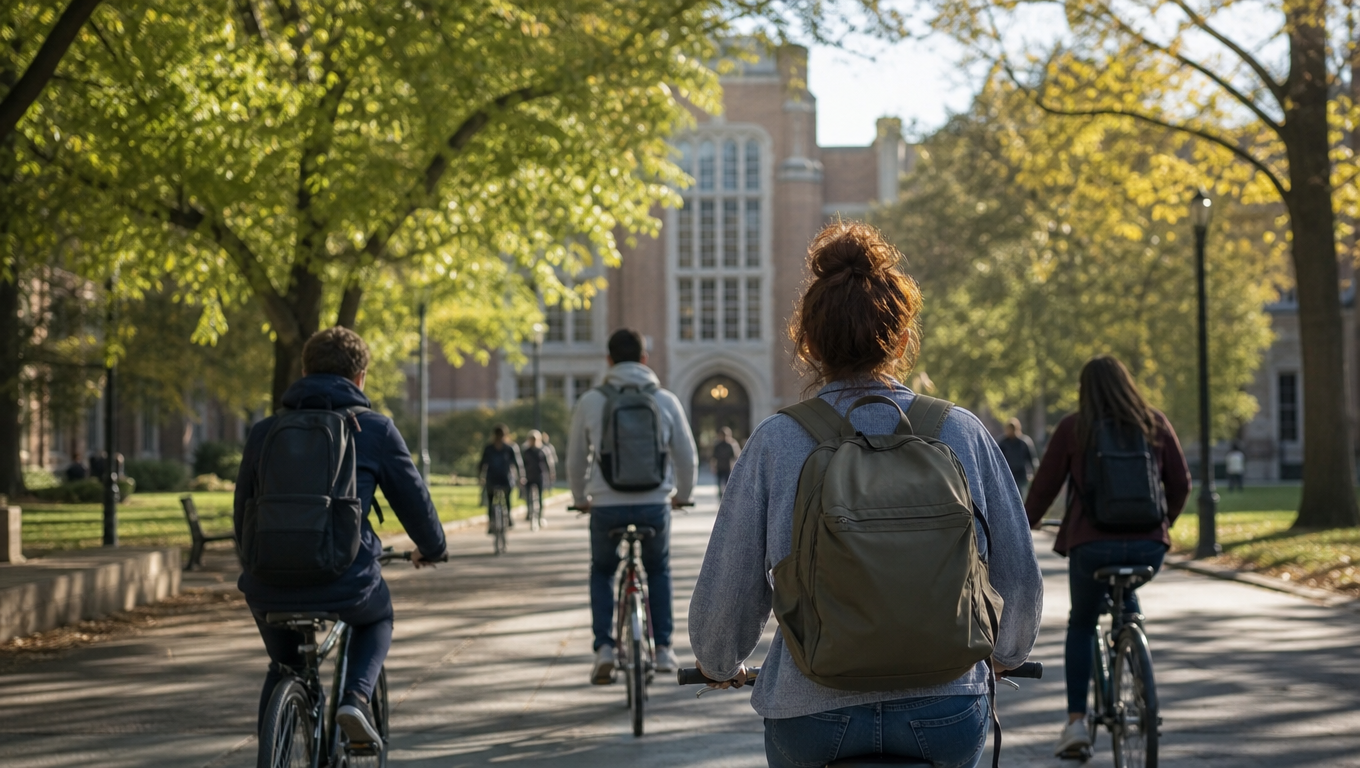 Students seen from behind cycling along a tree-lined campus avenue toward an academic block, bags on their backs, morning light.