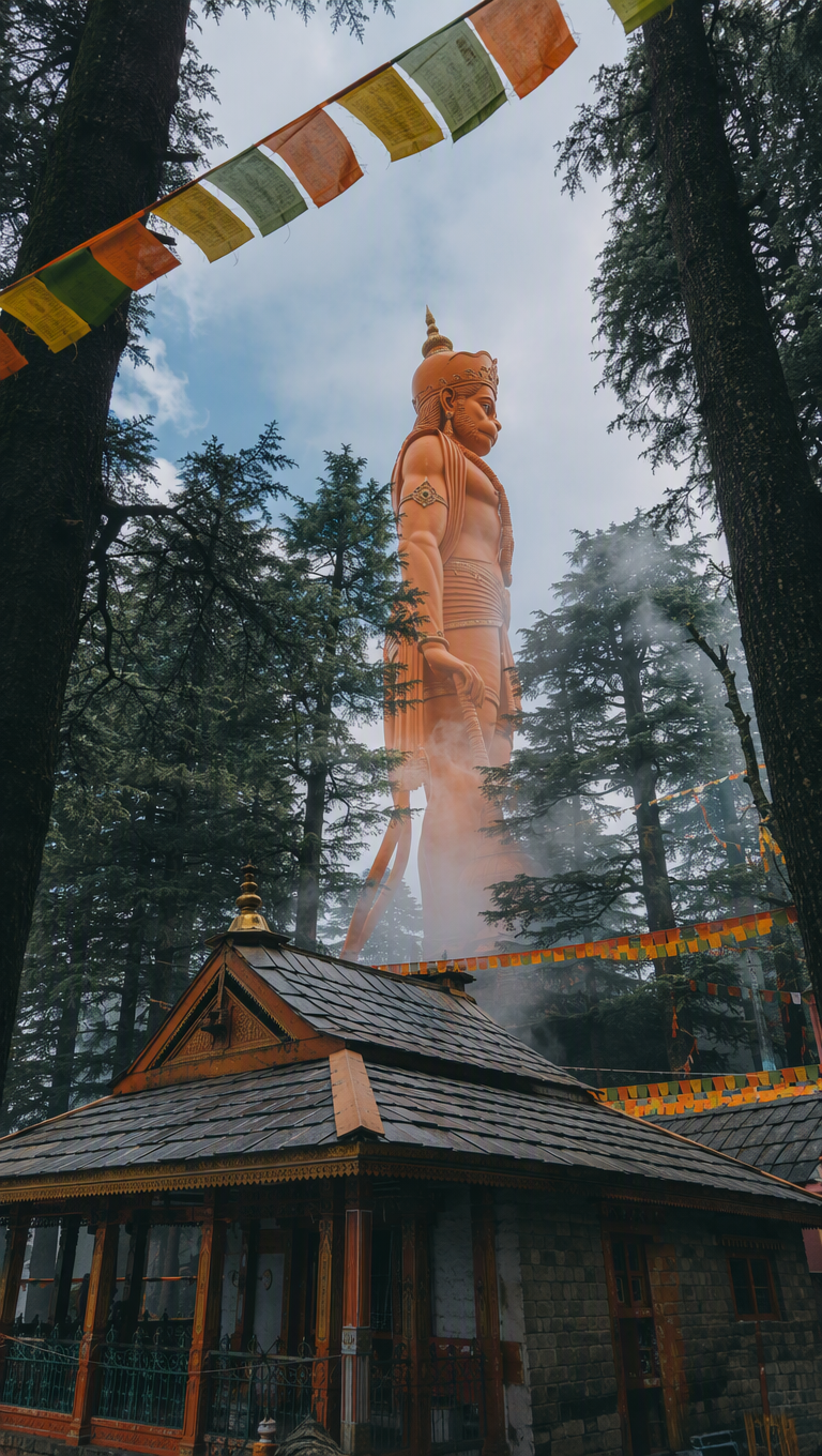 Vertical view of Jakhu Temple in Shimla among deodar cedars with the giant orange Hanuman statue above the trees.