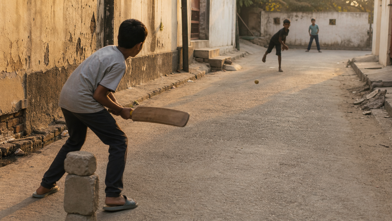 Boys seen from behind playing cricket in a narrow lane with a wooden bat and a plastic ball, a wall as wicket, evening light.