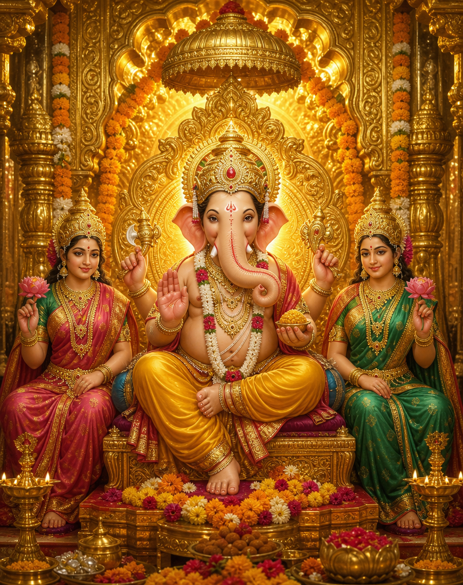 Devotional art of siddhivinayak ganesha of mumbai, ganesha as siddhivinayak of mumbai, the trunk curved to the right, seated with riddhi and siddhi, a gold-plated backdrop and marigold garlands, the temple's sanctum glow.