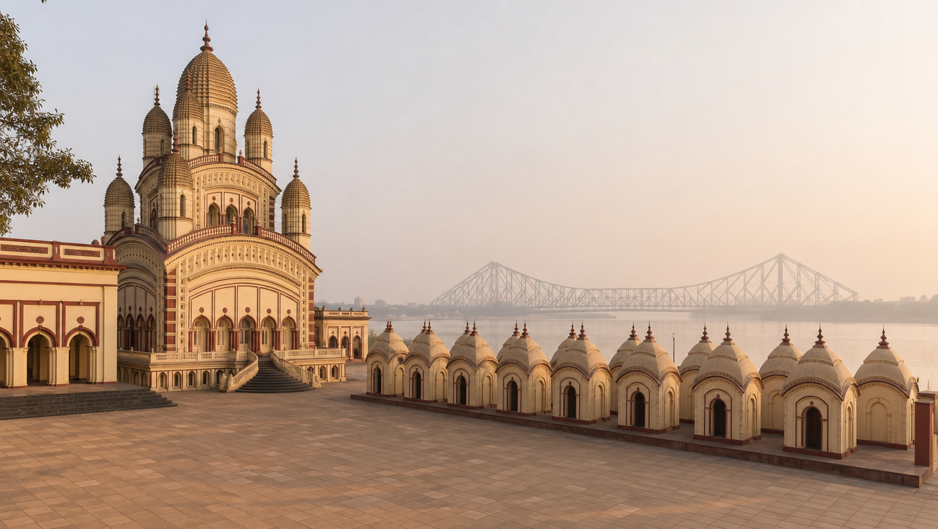 Dakshineswar Kali Temple near Kolkata, the nine-spired tower over its courtyard with Shiva shrines along the river.