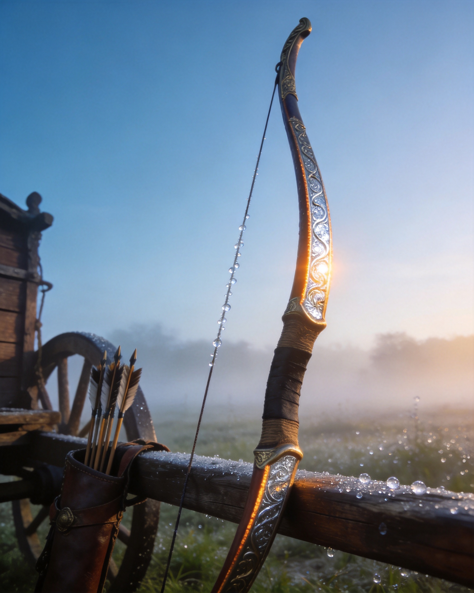 Ornate war bow leaning against a wooden chariot rail at first light with dew on the string and mist behind.