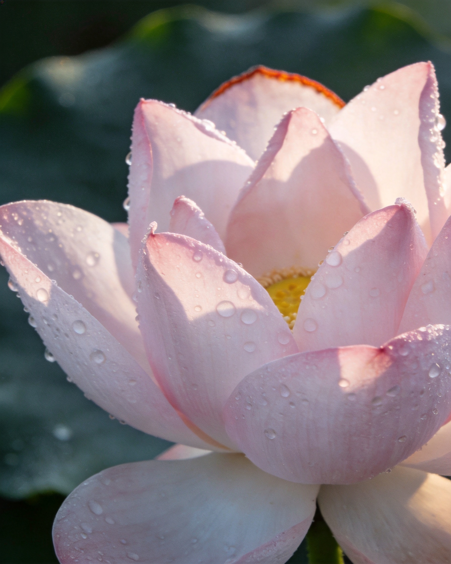 Macro close-up of a pale pink lotus with round dew beads across its layered petals at dawn.