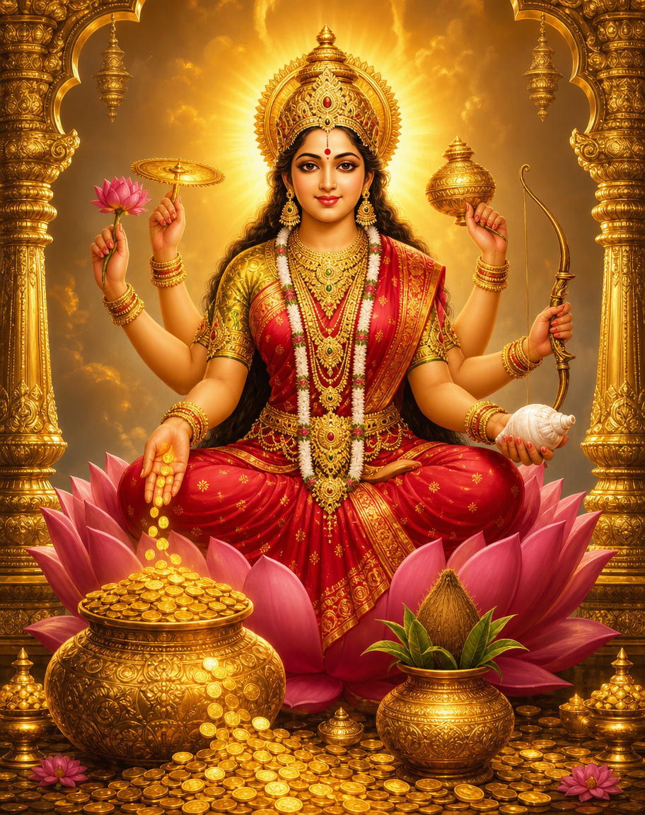Devotional art of dhana lakshmi wealth, dhana lakshmi in a red saree with a pot of gold coins overflowing at her feet, a kalash and a conch, six arms with a lotus, a bow, a discus and a pot, a golden glow.