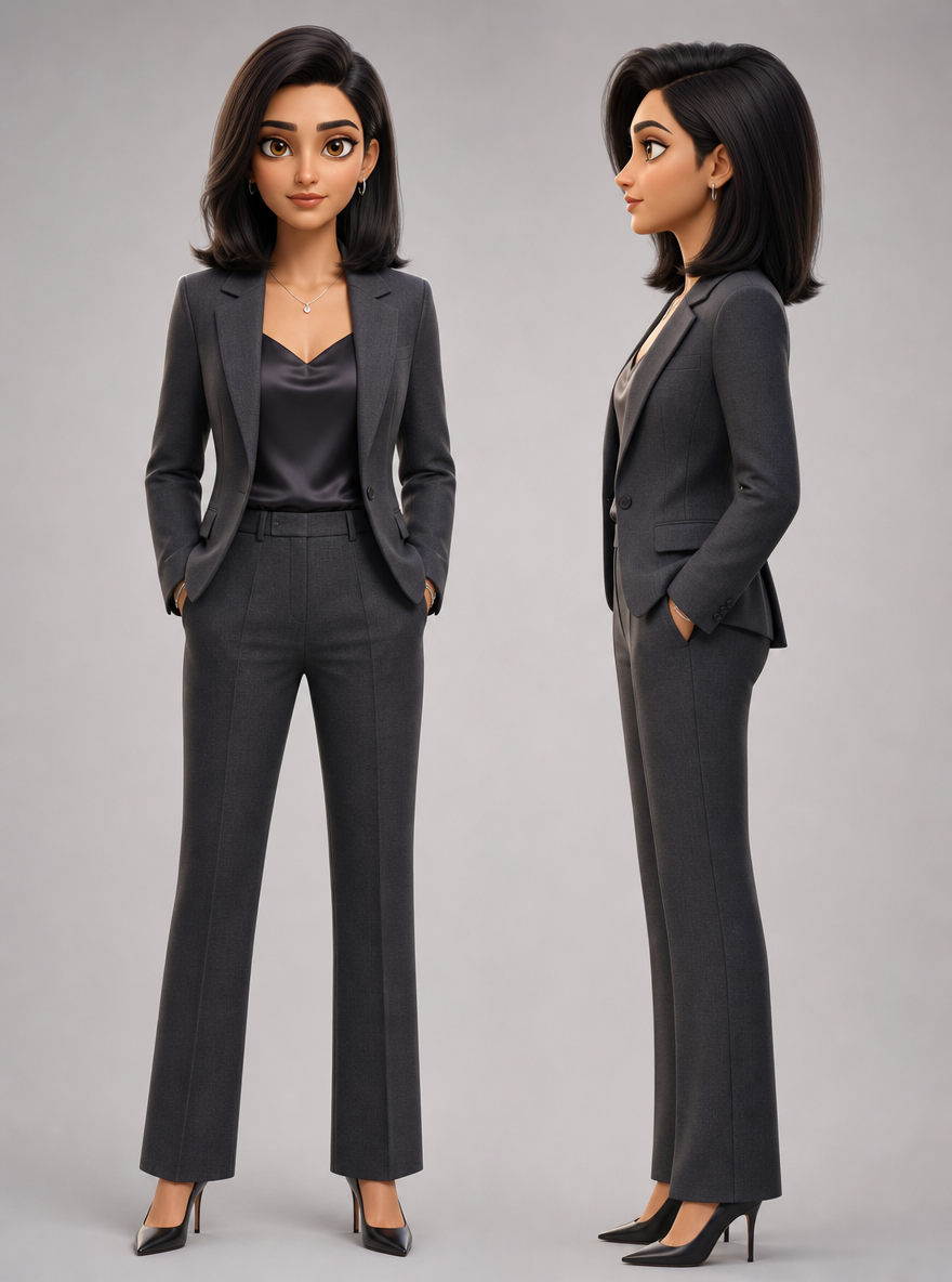 3d pixar-style character reference sheet of Zara Sheikh, an Indian woman in a charcoal pantsuit, front view and profile.