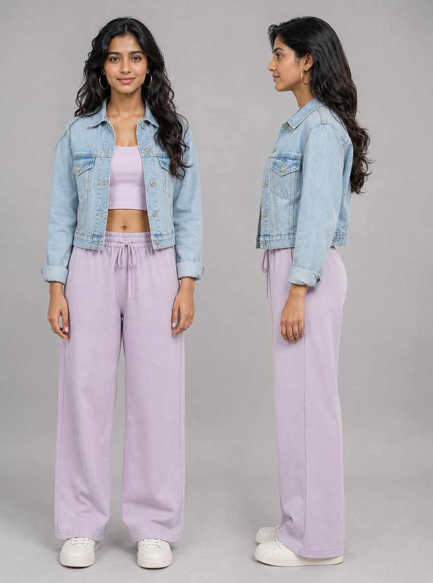 Photorealistic character reference sheet of Kavya Reddy, an Indian woman in a pastel co-ord set, front view and profile.